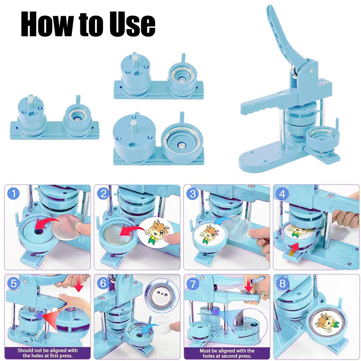 1+1.25+2.25 inch Multiple Sizes Button Maker Machine, 300 Buttons, 30 Fridge Magnets, 10 Bottle Openers, 10 Keyrings, 3 Circle Cutters, Button Badge Press Machine (Lightblue, 353 Pcs)