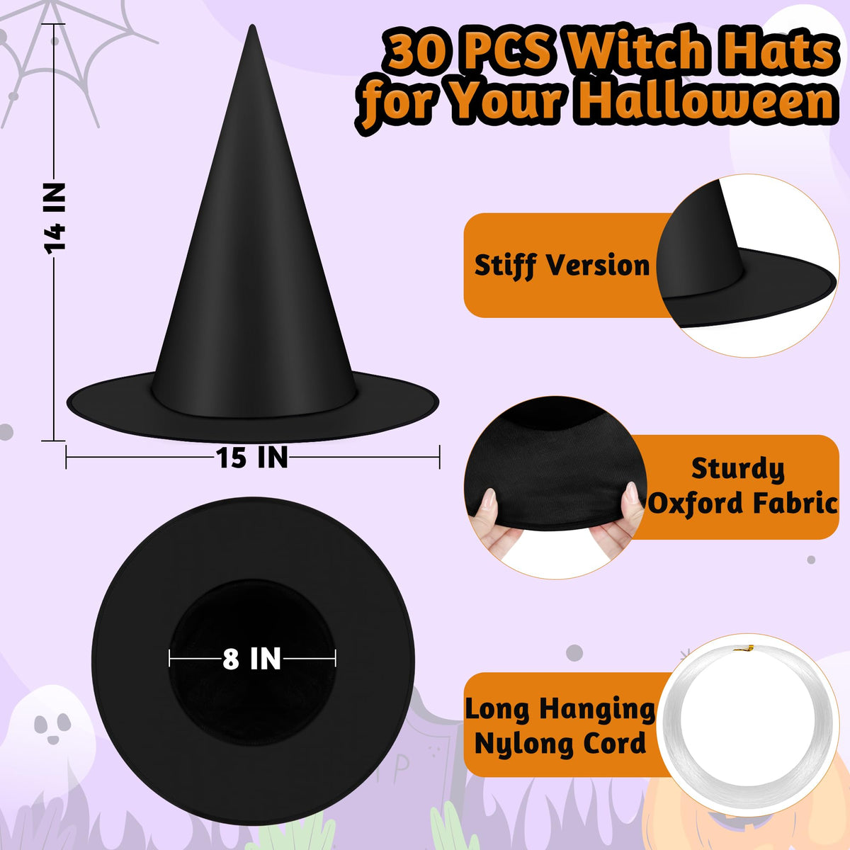 Luces 30 PCS Black Witch Hats, Witches Halloween Decor, Thickened Hanging Wizard Hat with 492 FT Rope Costume Accessory Floating Witches Hats Outdoor, Halloween Birthday Party Decorations Front Porch
