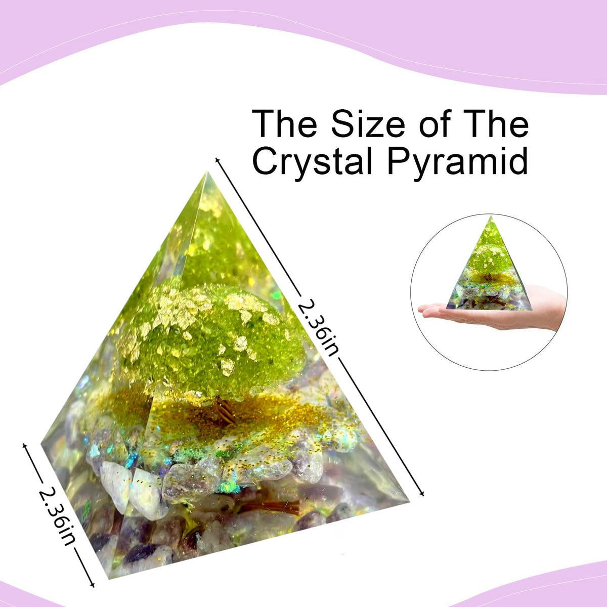 Saefheled Tree of Life Orgone Pyramid,Natural Lilac Gravel&Peridot Orgonite Healing Crystals Pyramid,Crystal Stone Positive Reiki Energy Generator Collection Wealth Lucky Meditation Tool(6cm)