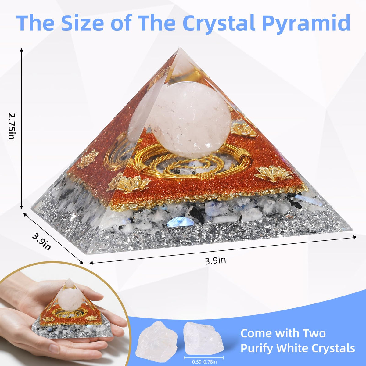 Hopeseed Orgone Crystal Pyramid Orgonite Rainbow Moonstone&White Crystal Stones Healing Crystals Pyramid for Positive Energ Reduce Stress Meditation Chakra Attracts Lucky and Success Spiritual Gifts