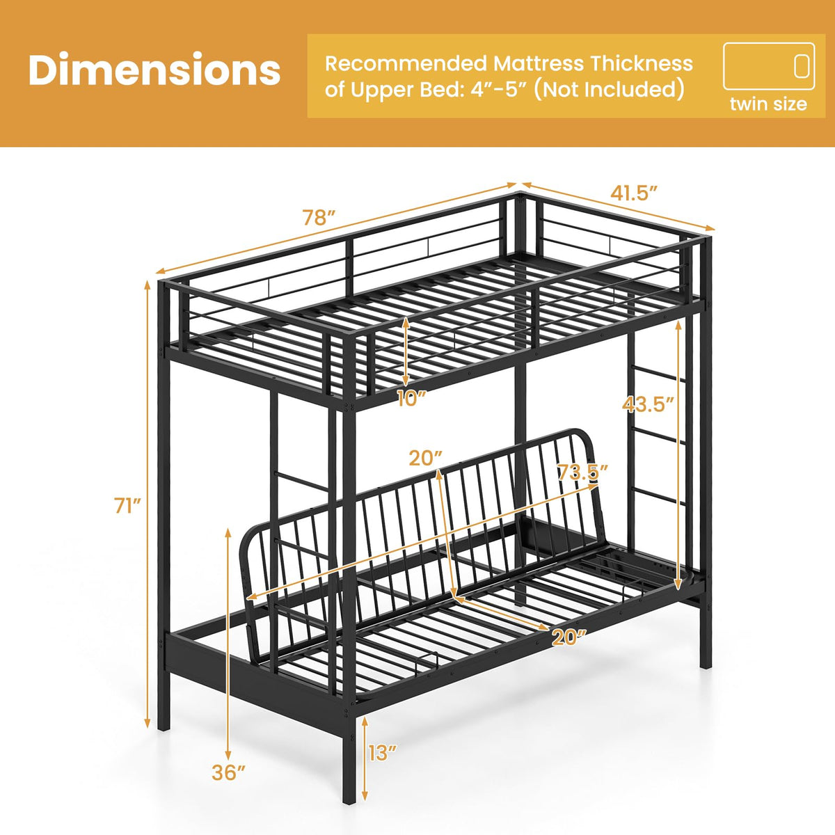 Giantex Twin Over Twin Futon Bunk Bed, Convertible Metal Bunk Bed with Futon Frame, 2 Ladders & Safety Guardrails, Heavy Duty Sofa Couch Beds with Under-Bed Space, for Kids, Teens, Adults, Black