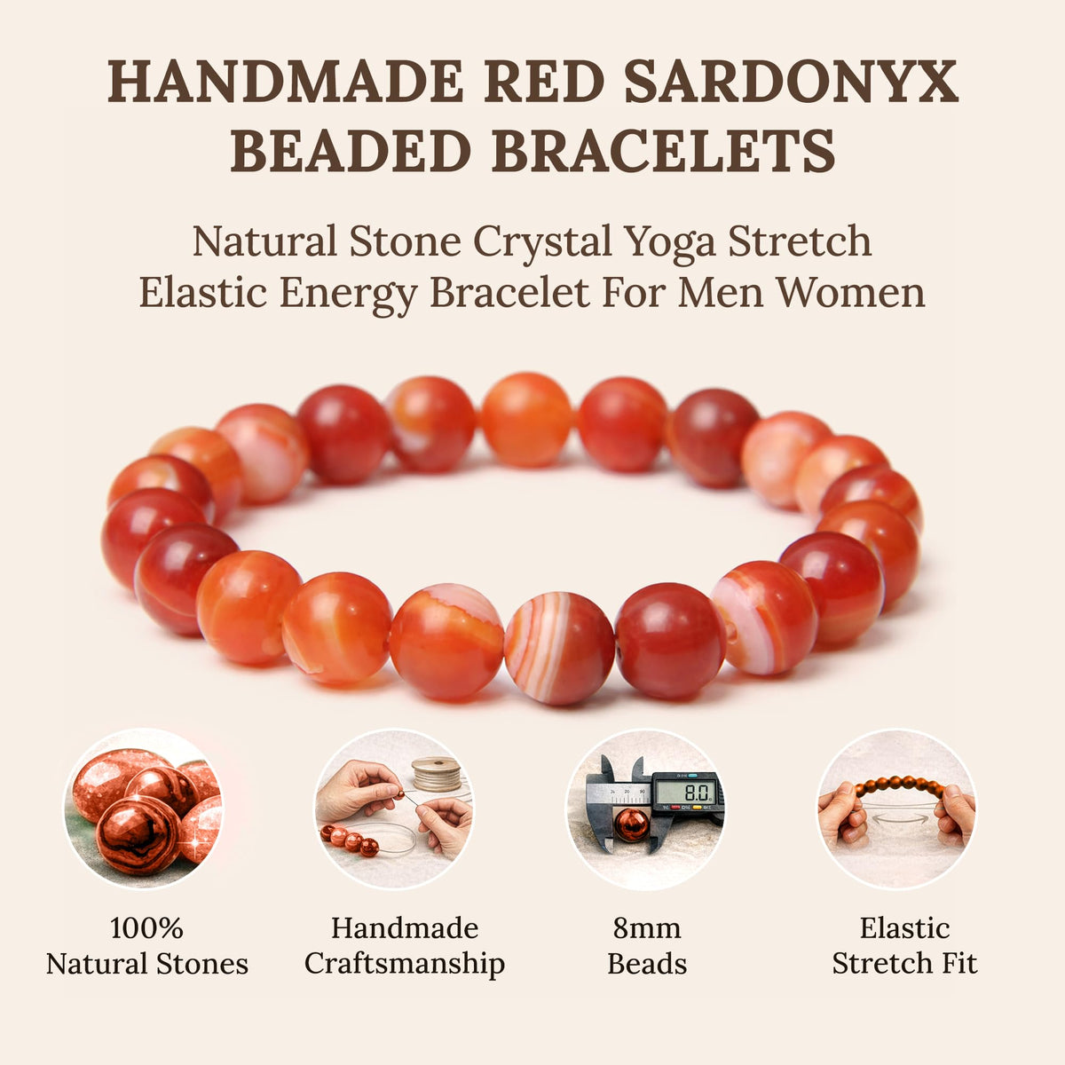 Elm City Direct 8mm Natural Stone Beaded Bracelet – Unisex Crystal Stretch Bracelets for Men & Women, Chakra & Healing Jewelry, Gift-Ready Beaded Bracelets (Red Sardonyx, 8mm)