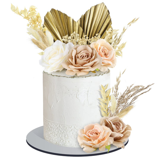 Tallew 28 Pcs Boho Cake Topper Decorations Vintage Artificial Rose Flowers Palm Leaves for Cake Decorating Kit Dried Faux Flower Decor for Bohemian Wedding Baby Shower Birthday Party Supplies