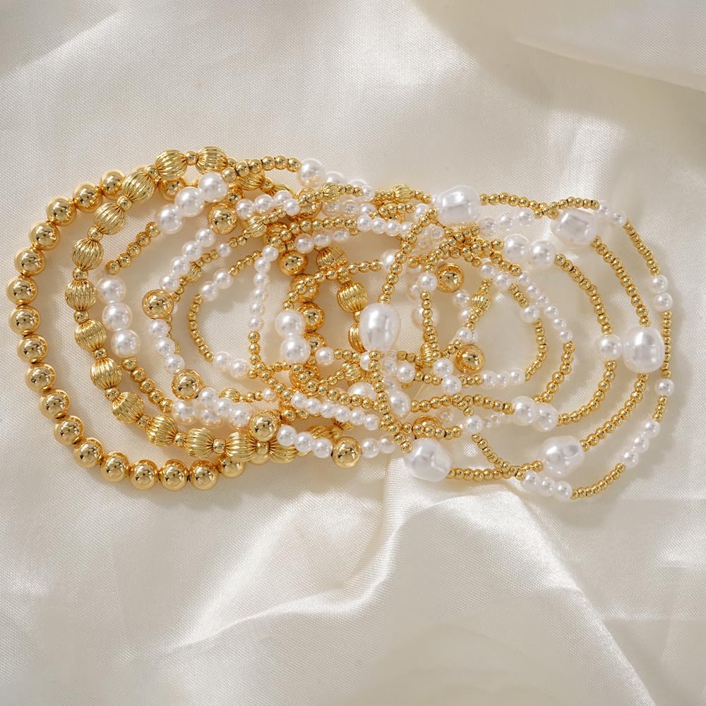 Dainty 14K Gold Pearl Beaded Bracelet Stack for Women,Handmade Bohemian Pearl Non Tarnish Stackable Bracelets Fashion Holiday Party Accessories Jewelry Gift Friendship