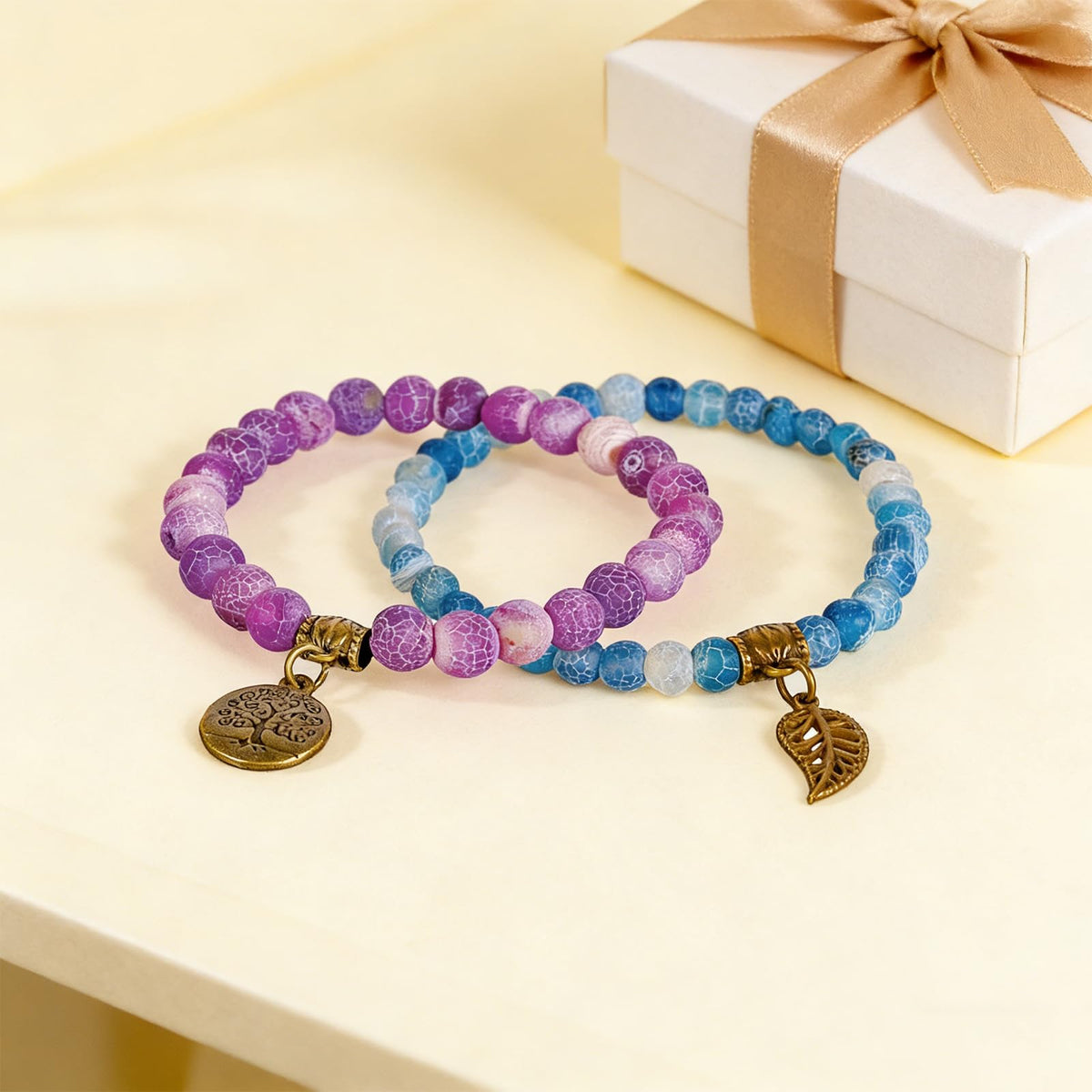 2Pcs Bracelets for Women, Healing Crystal Bracelet with Tree of Life Charm, Yoga Meditation Bracelet, Stretch Beaded Bracelets for Stress Relief, Yoga, Meditation and Daily Wear (Purple and lake blue)