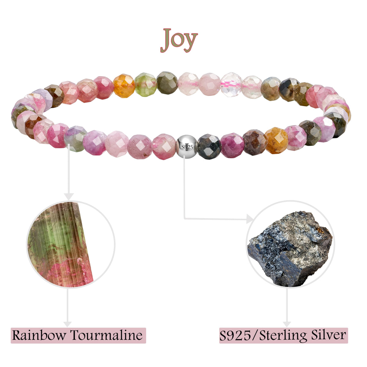 Farfume Rainbow Tourmaline - Joy - Beaded Bracelets for Women,Handmade Natural Stone 4mm Beads 925 Sterling Silver Stretch Bracelets, Chakra Crystal Gemstone Jewelry Gifts for Mom