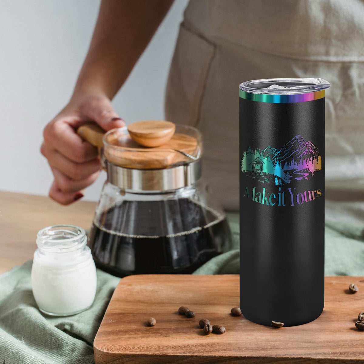 YOUKE OLA 8 Pack Rainbow Plated Stainless Steel Tumbler Straight Double Wall Powder Coated for Laser Engrave, 20oz Black To Iridescent