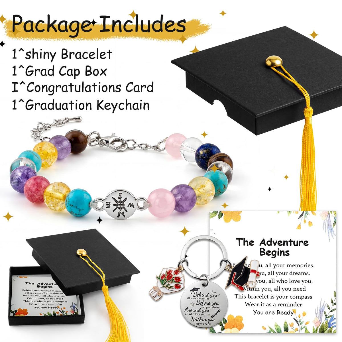 Graduation Bracelet Set 2026 for Him & Her, Natural stone Beaded Bracelet with 7 Chakra Stones or Matte Style, Compass Keychain, Card & Gift Box for High School College Grad (Vibrant Chakra)