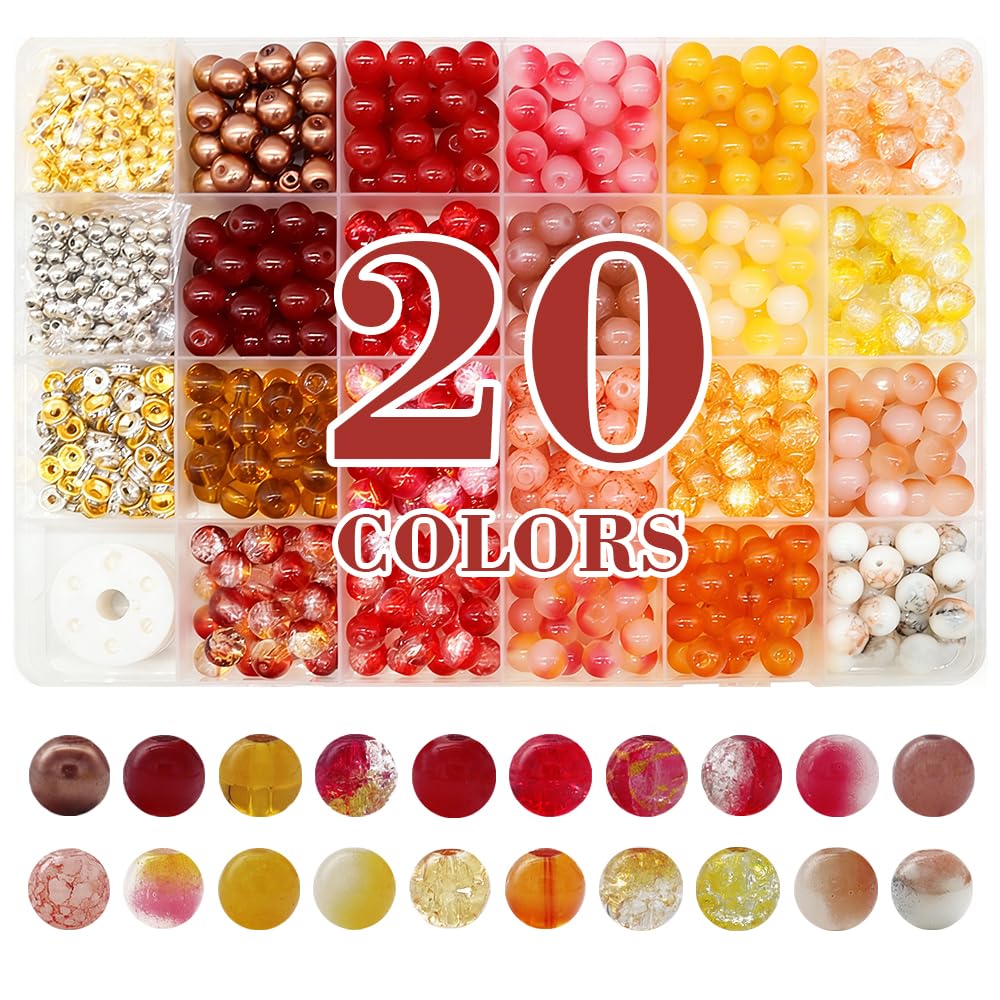 DIPSEOI 8mm Glass Beads for Bracelet Kit - 900 Pcs Jewelry Making Kits Bead DIY with Spacer Charms (Brown Red Orange Yellow Series)