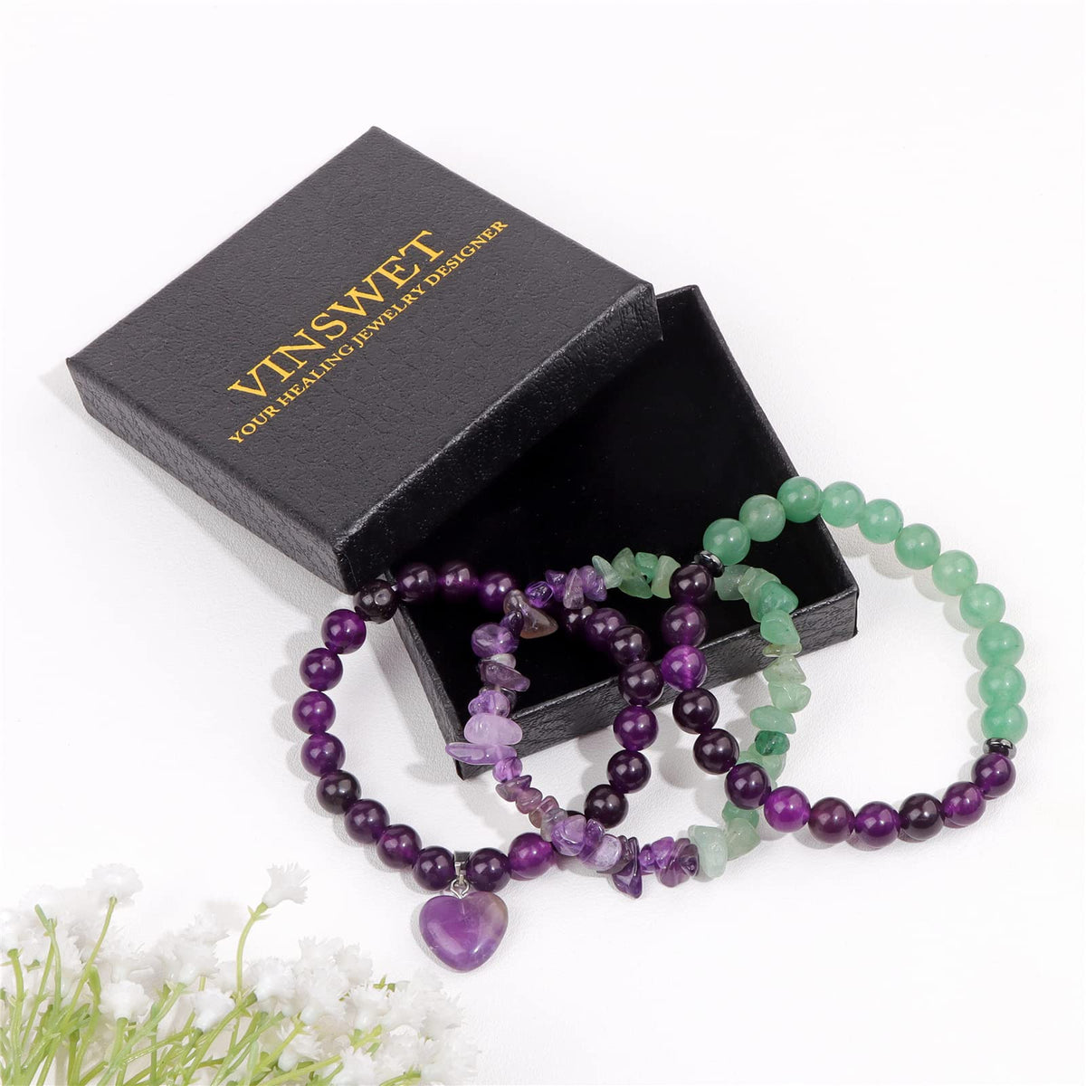 Vinswet Healing Crystal Beaded Bracelets for Women,Natural Amethyst Green Aventurine Gemstones Bracelet,Anxiety Stress Relief Heart Charm Bracelet Handmade purple Jewelry Gifts for Women (3pcs)