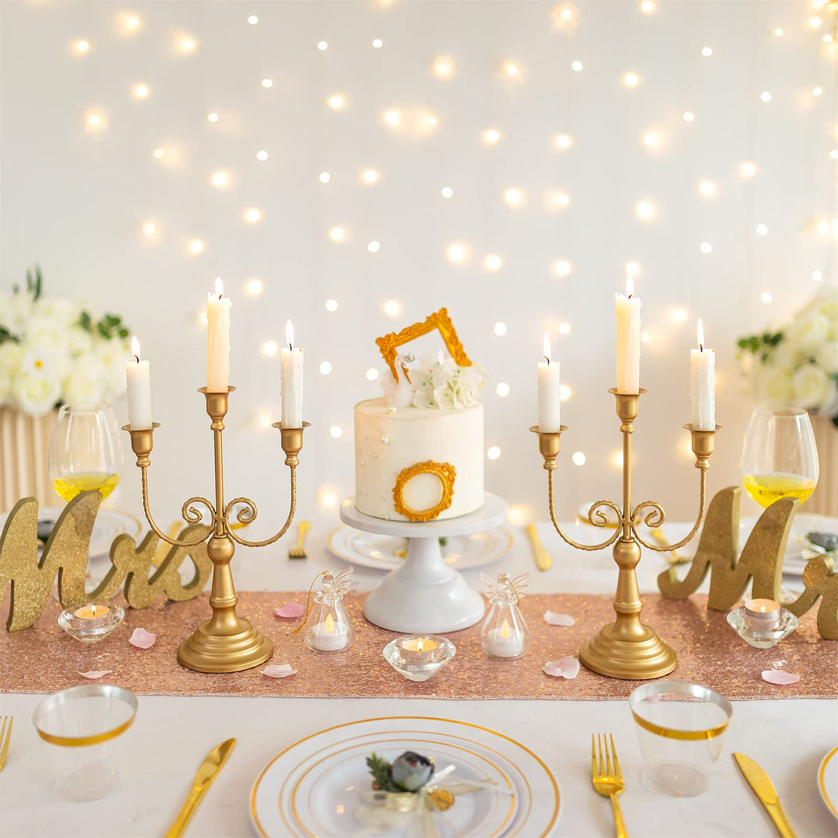 Sziqiqi Gold Taper Candle Holder for Centerpiece - 3-stem Candlesticks Holder for Wedding Table Centerpieces Metal Candle Stick Holders for Fireplace Mantle 2pcs