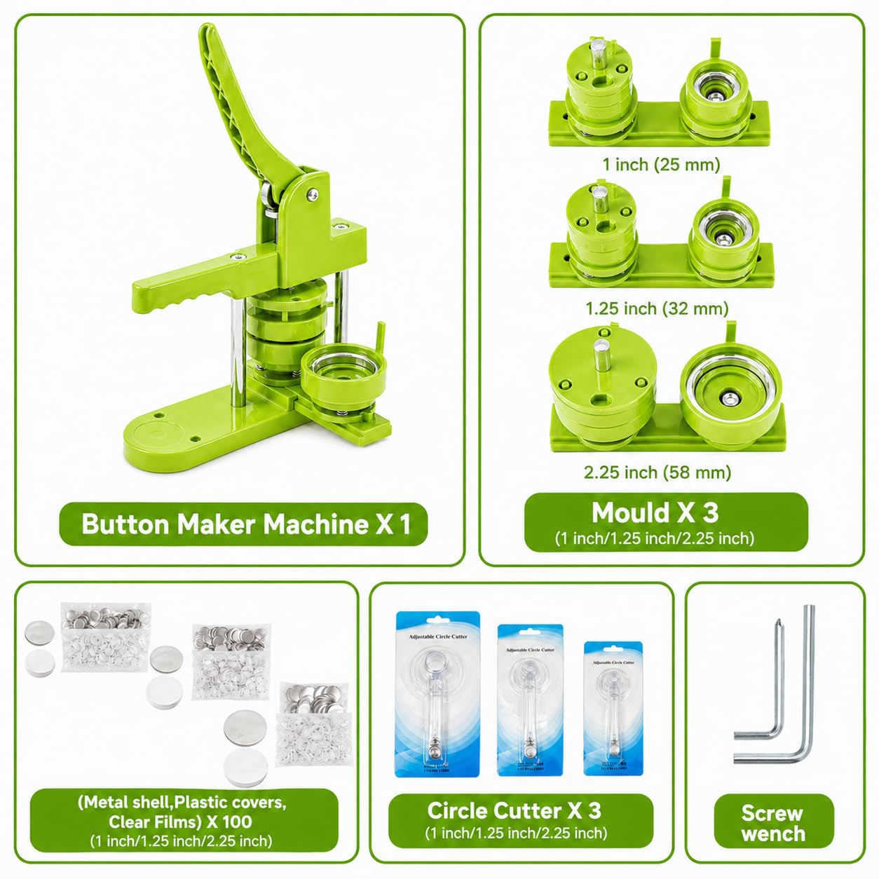 Pin Maker, Button Maker Machine, Pin Maker Machine Kit Includes 300Pcs Pins 25/32/58mm (1/1.25/2.25 inch), 3 Circle Paper Cutters, DIY Button Pin Maker, Button Badge Press Machine(Green)