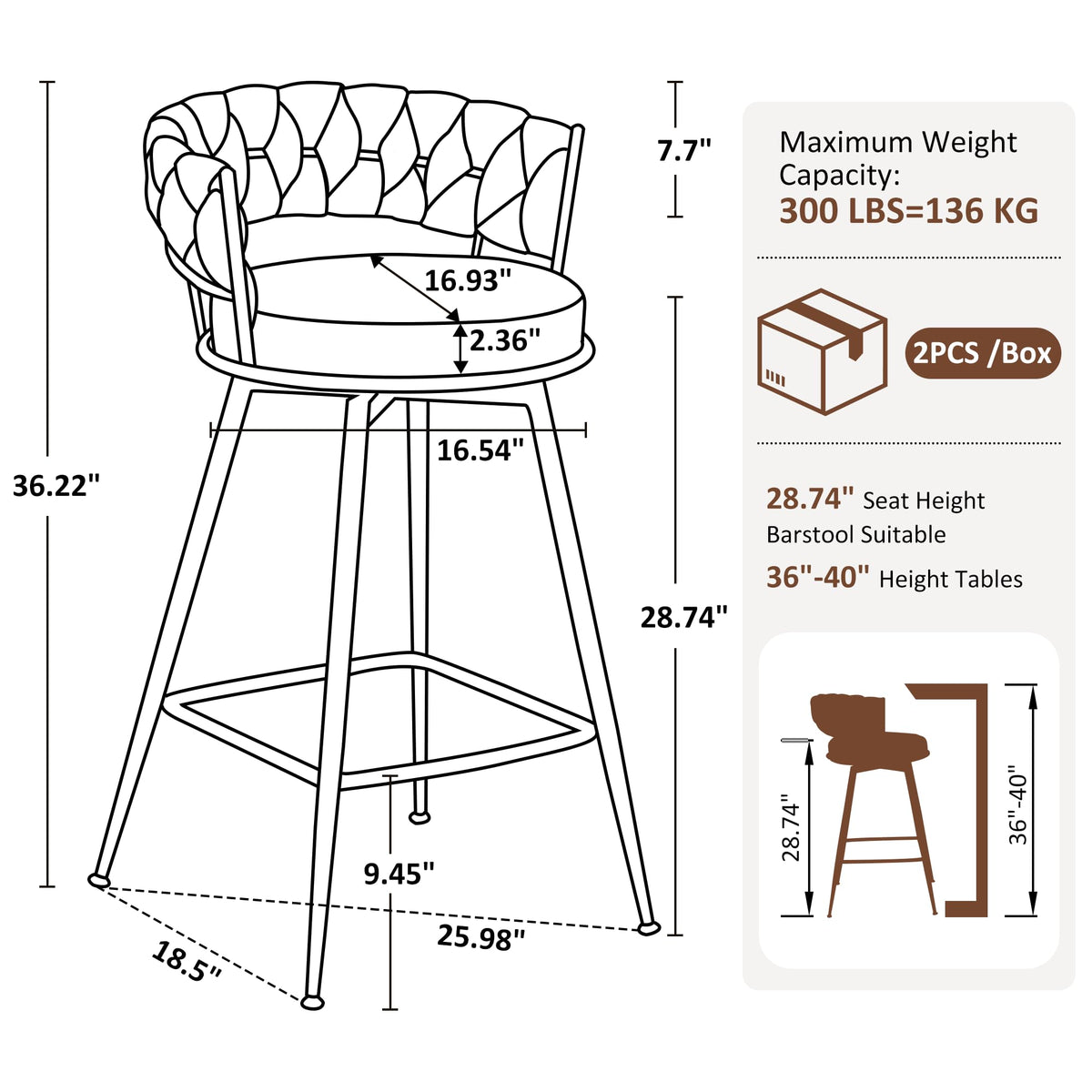 YOUNUOKE 360° Swivel Bar Stools Set of 2, 28 inch Seat Height Barstools with Woven Low Back, Metal Straight Legs with Footrest, Fabric Bar Stool for Kitchen Island, Bar & Pub (2 PCS, Dark Brown)