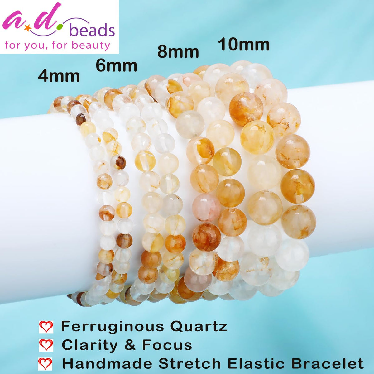 AD Beads 10mm Handmade Ferruginous Quartz Elastic Bracelet – Natural Gemstone for Clarity & Focus – Meditation, Yoga, Healing and Energy Gift for Men Women