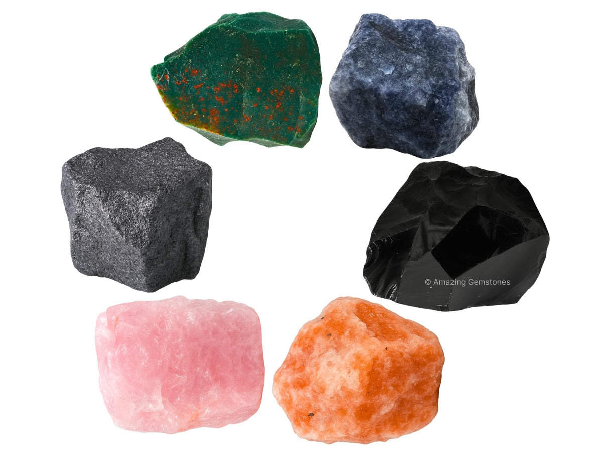 Crystals for Pregnancy, Set of 6 Blood Stone, Iolite, Hematite, Rose Quartz, Black Obsidian and Sunstone Healing Crystals and Stones