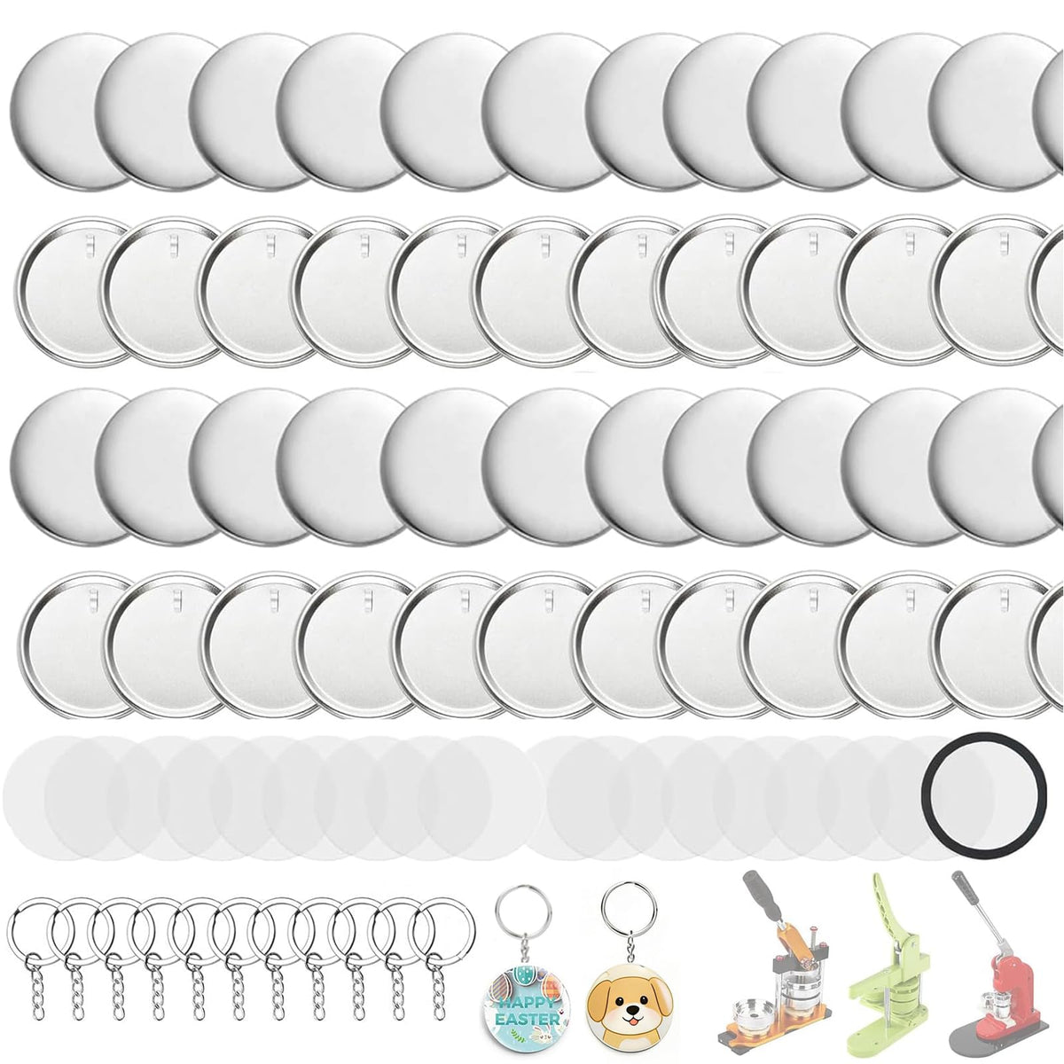 Button Maker Keychains Supplies, 200 Pcs 58mm Pin Maker Set, Metal Button Maker Supplies with Metal Shell Cover, Transparent Film & Chain Head