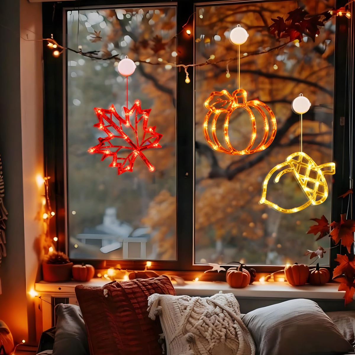 LOLStar Fall Decor Window Lights 2026 Thanksgiving Decorations Acorn Maple Leaves Pumpkin LED Lights with Suction Cups Battery Operated(Exclusive) Slow Fade Mode Timer Autumn Decorations for Home