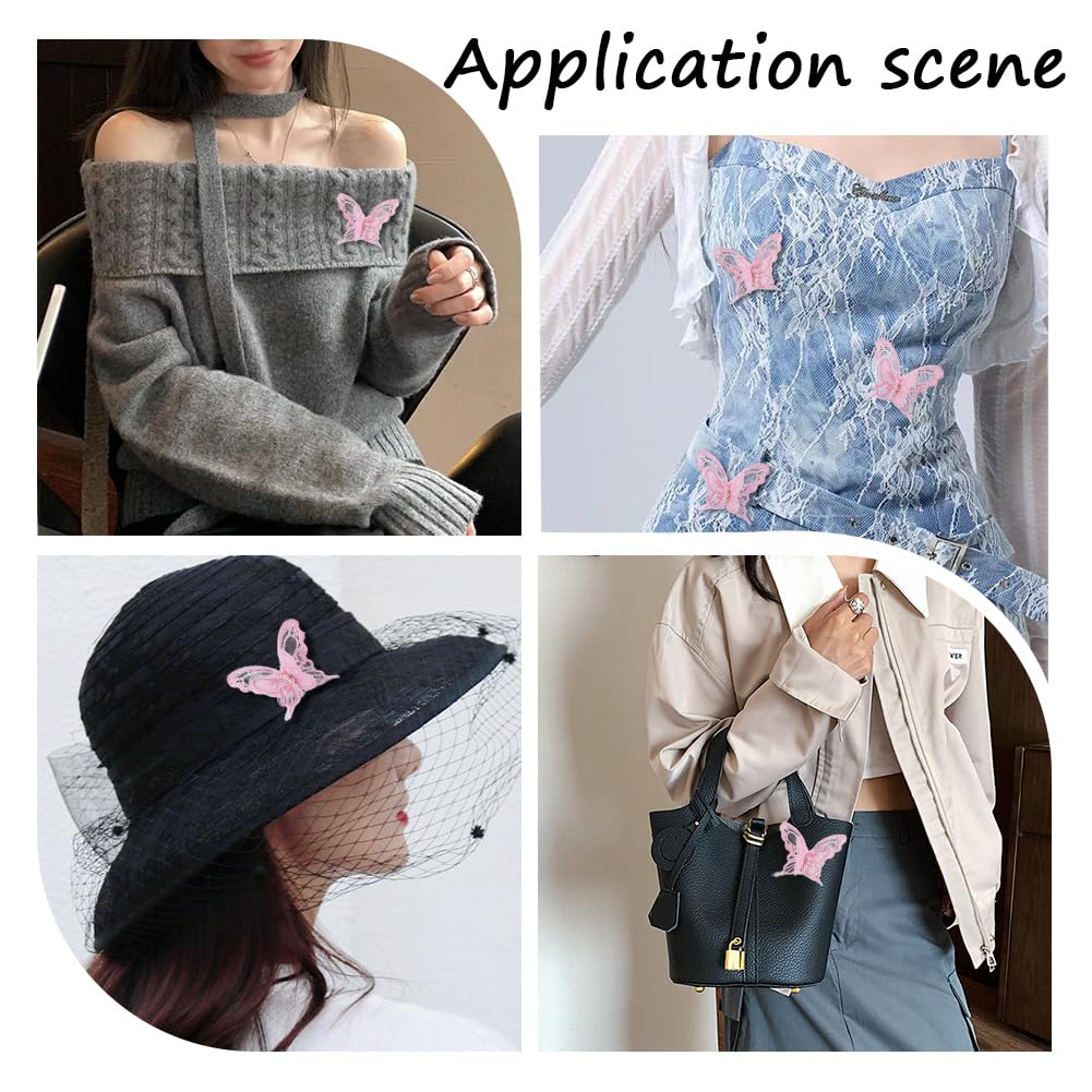 CABODYALS 1 Box 30PCS Light Pink Butterfly Lace Applique Butterflies Repair Patches Sew Embroidery Organza Faux Pearl Beaded Polyester Appliques for Sewing Making Clothes Wedding DIY Craft Supply