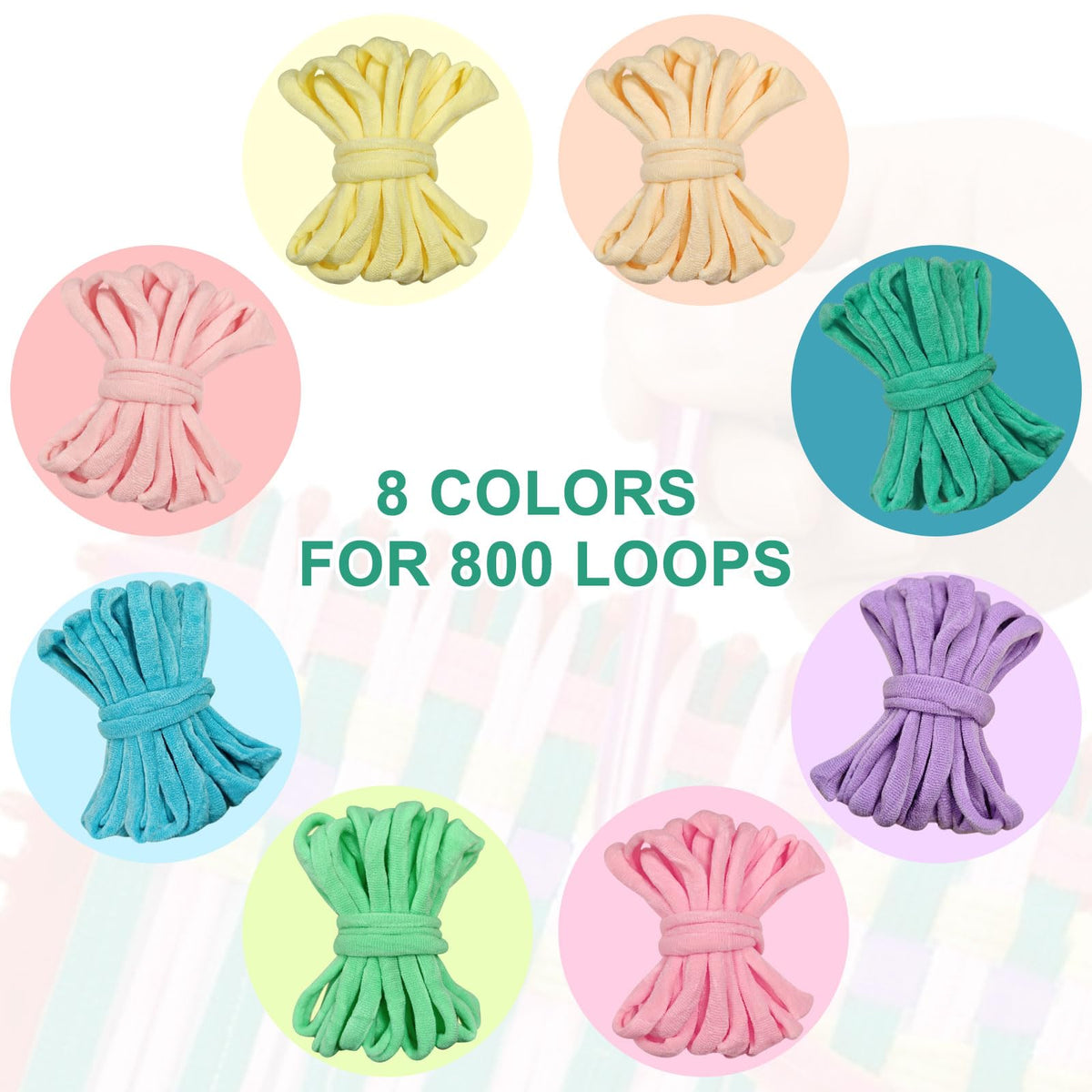 800 PCS Weaving Loom Loops for 7-Inch Loom, 8 Color Potholder Refill Bands, Durable Elastic Nylon Craft Loops for Kids & Adults DIY Weaving Projects, Colorful Arts & Crafts Supplies