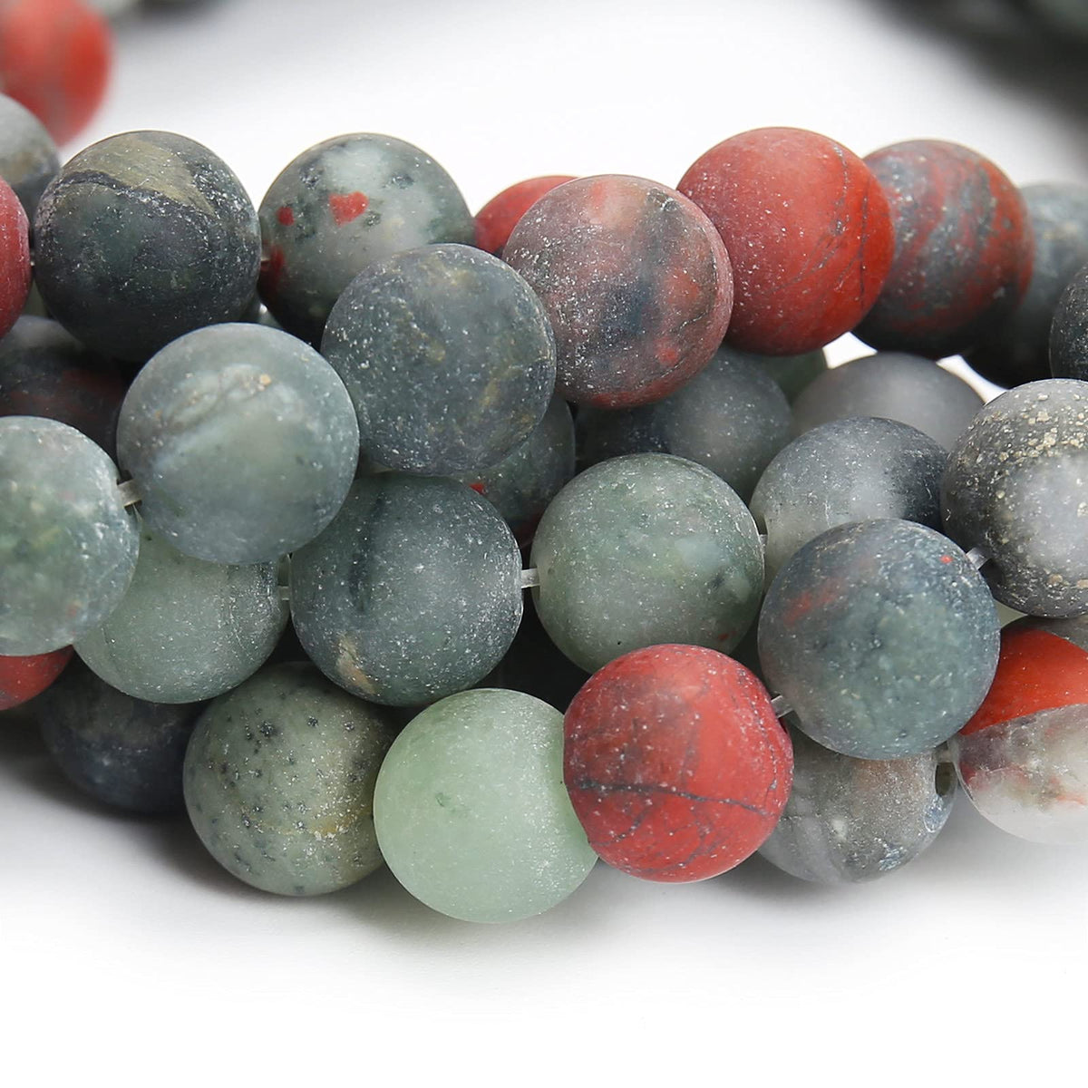Natural Matte African Bloodstone Beads, 10MM Round Frosted Unpolished Loose Gemstone Beads for Bracelet Necklace Jewelry Making, Energy Stone Healing Power with Stretch Beading Cord