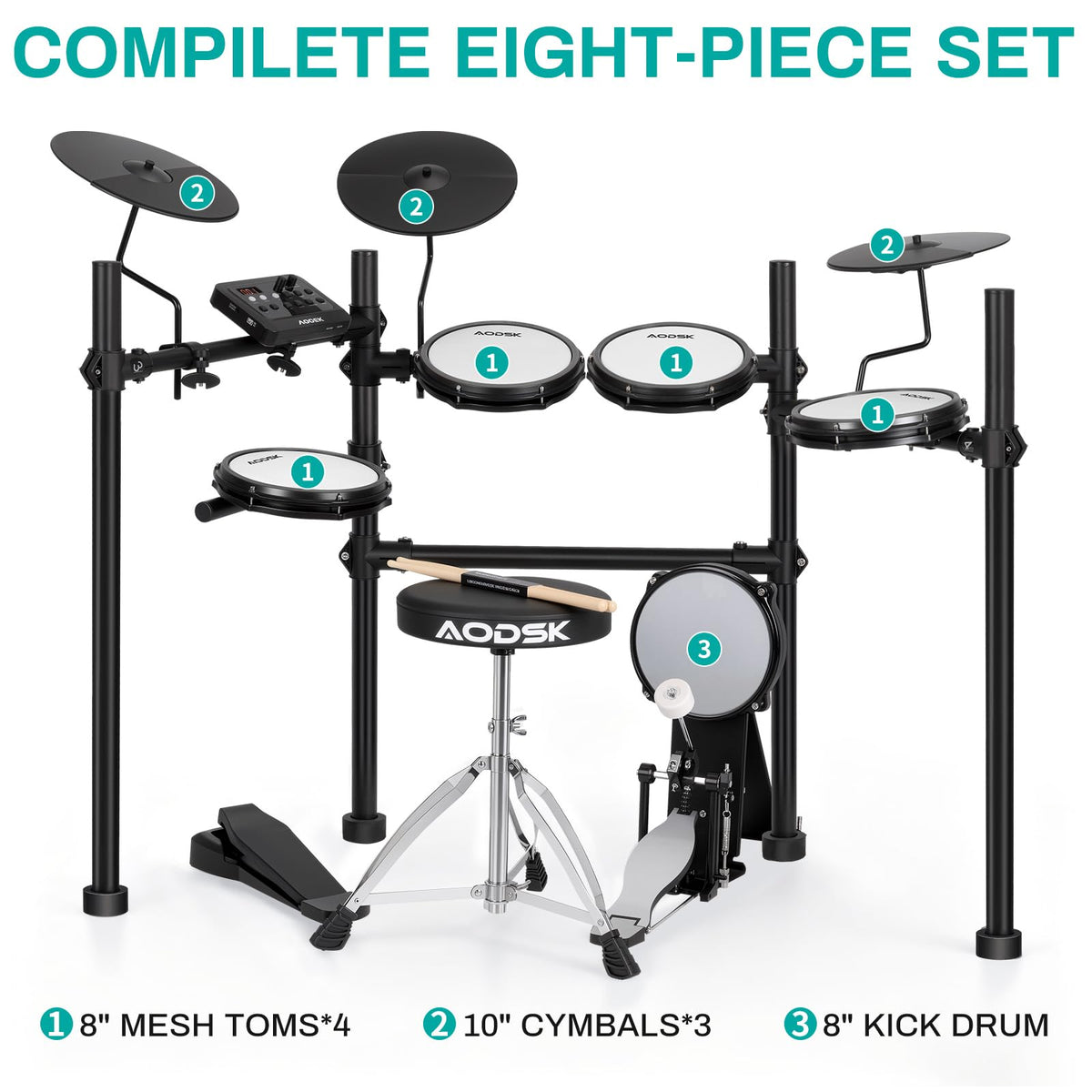 AODSK Electric Drum Set with Quiet Mesh Pads,Electronic Drum for Beginner,USB MIDI,Throne,Headphones,Sticks, Included 40 Kits and 450 Sounds
