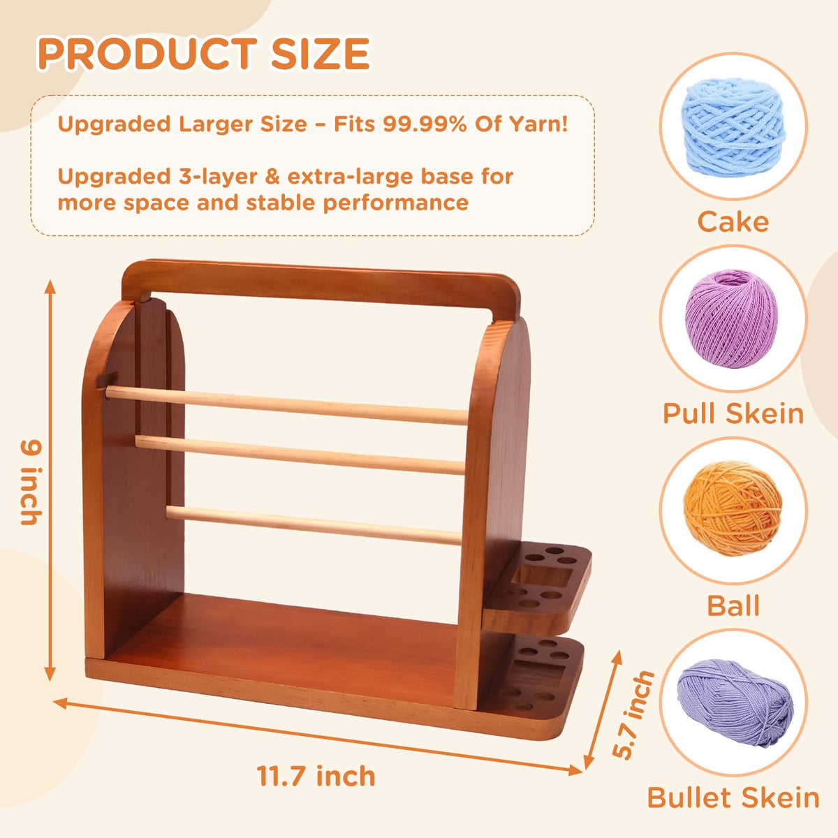 Upgraded Yarn Holder for Knitting and Crocheting, Wooden Yarn Storage Organizer with Tangle-Free 3 Rods, Phone Stand & Tool Holder, Works with Skein, Cake, Ball, Crochet Gift for Knitting Lovers