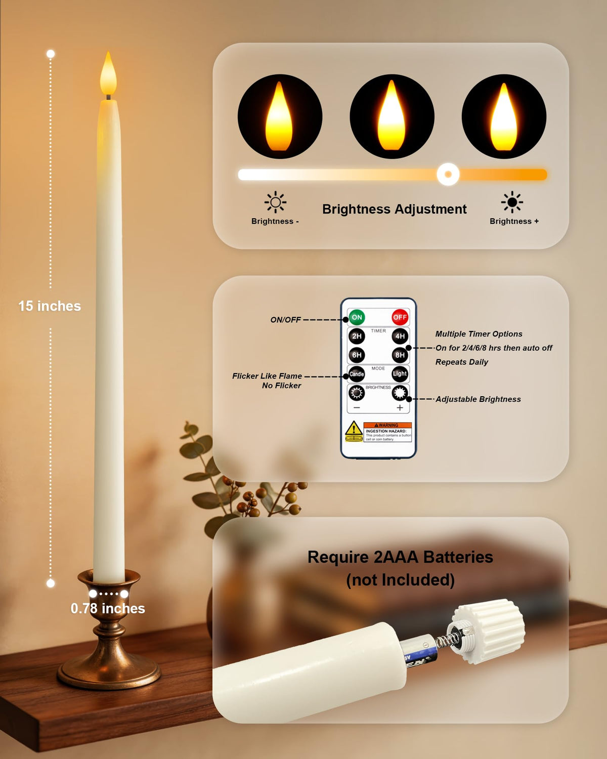 Homemory 15 inches Real Wax Flameless Taper Candles with Remote Timer, 3 Pcs White LED Taper Candles Battery Operated with 3D Flickering Flame, Window Candle Led Candlesticks for Dinners Home Decor