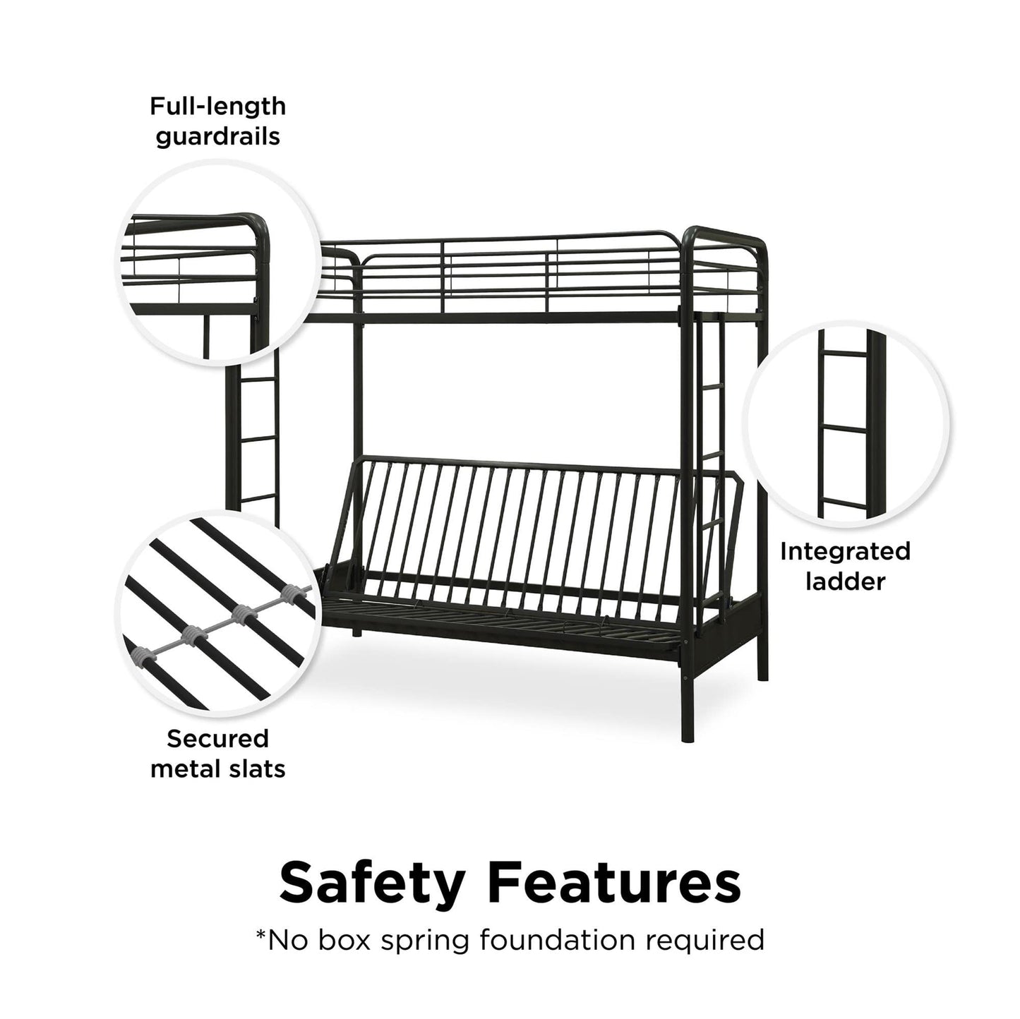 DHP Twin-Over-Futon Convertible Couch and Bed with Metal Frame, Ladder and Guardrails - Black