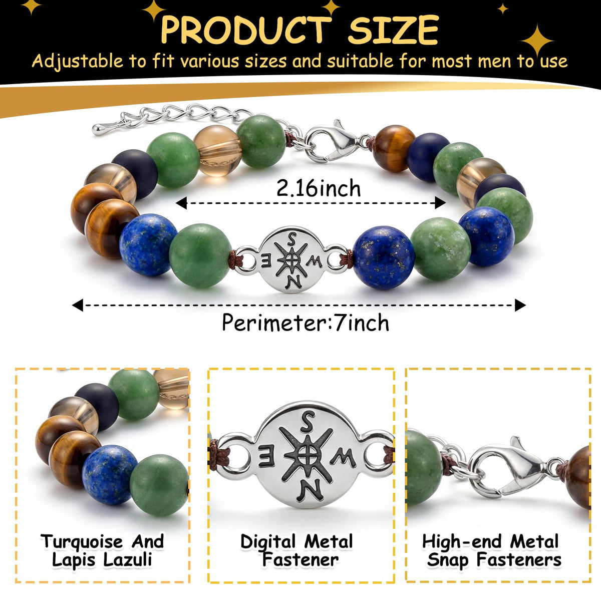 Graduation Bracelet Set 2026 for Him & Her, Natural stone Beaded Bracelet with 7 Chakra Stones or Matte Style, Compass Keychain, Card & Gift Box for High School College Grad (Minimalist Matte)