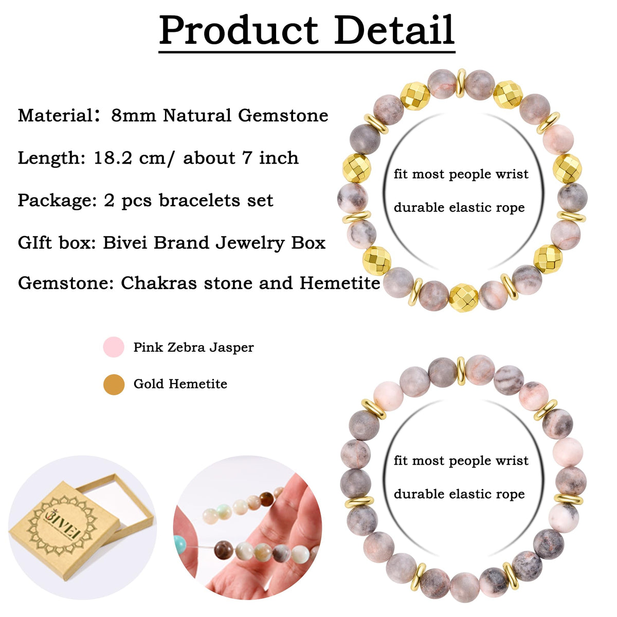 Bivei Natural Gemstone Semi Precious Crystals Handmade Stretchy Round Beads Bracelet, Enhance Positive Energy,Stocking Stuffers for Women(Gold Tone Pink Jasper & Sakura Agate(Love) Medium)