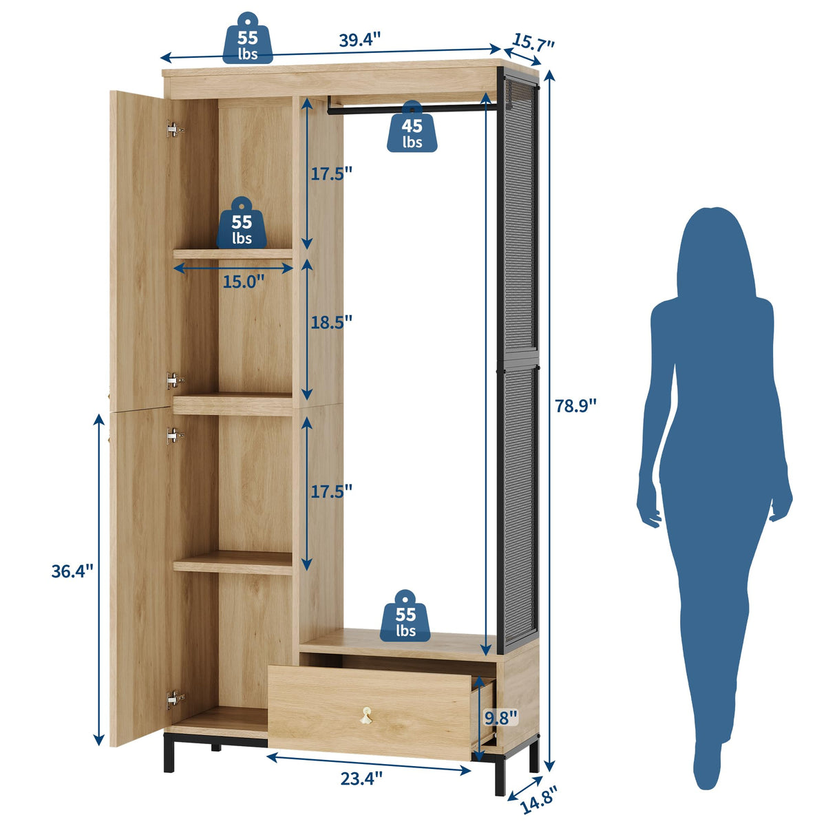 Modern Armoire Wardrobe Closet, Wood and Metal Frame Clothes Storage Organizer with Double Closed Doors, Open Hanging Rod, Bottom Drawer, Freestanding Bedroom Furniture for Small Spaces, Natural Oak