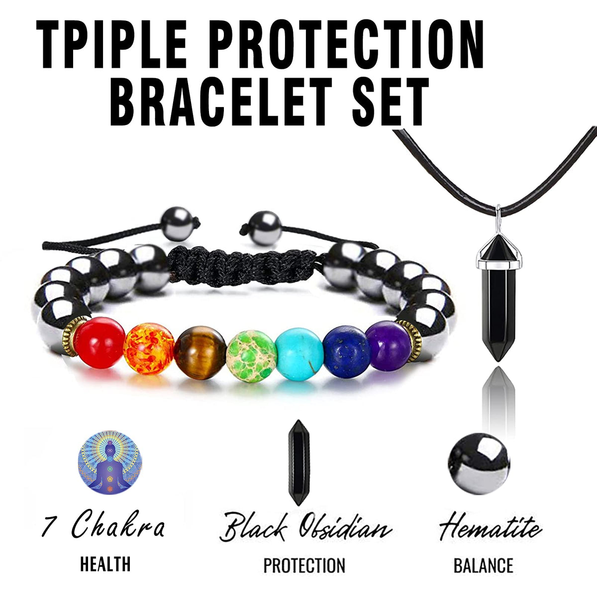 Hion Triple Protection Bracelet- For Meditation Relax- Anxiety Bracelet 7 Chakra Energy Healing Bracelet Relief Hematite Bracelet Set for Men Women