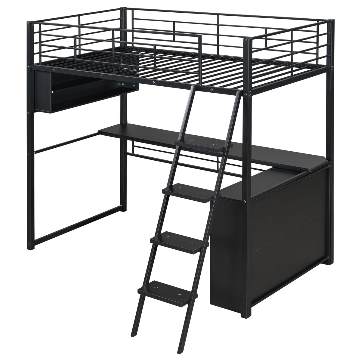 Metal Twin Size Loft Bed with Desk and LED Light,Heavy Duty Loft Bed Frame with Storage Shelves and Inclined Ladder for Kids,Adults,Twin Size,Black