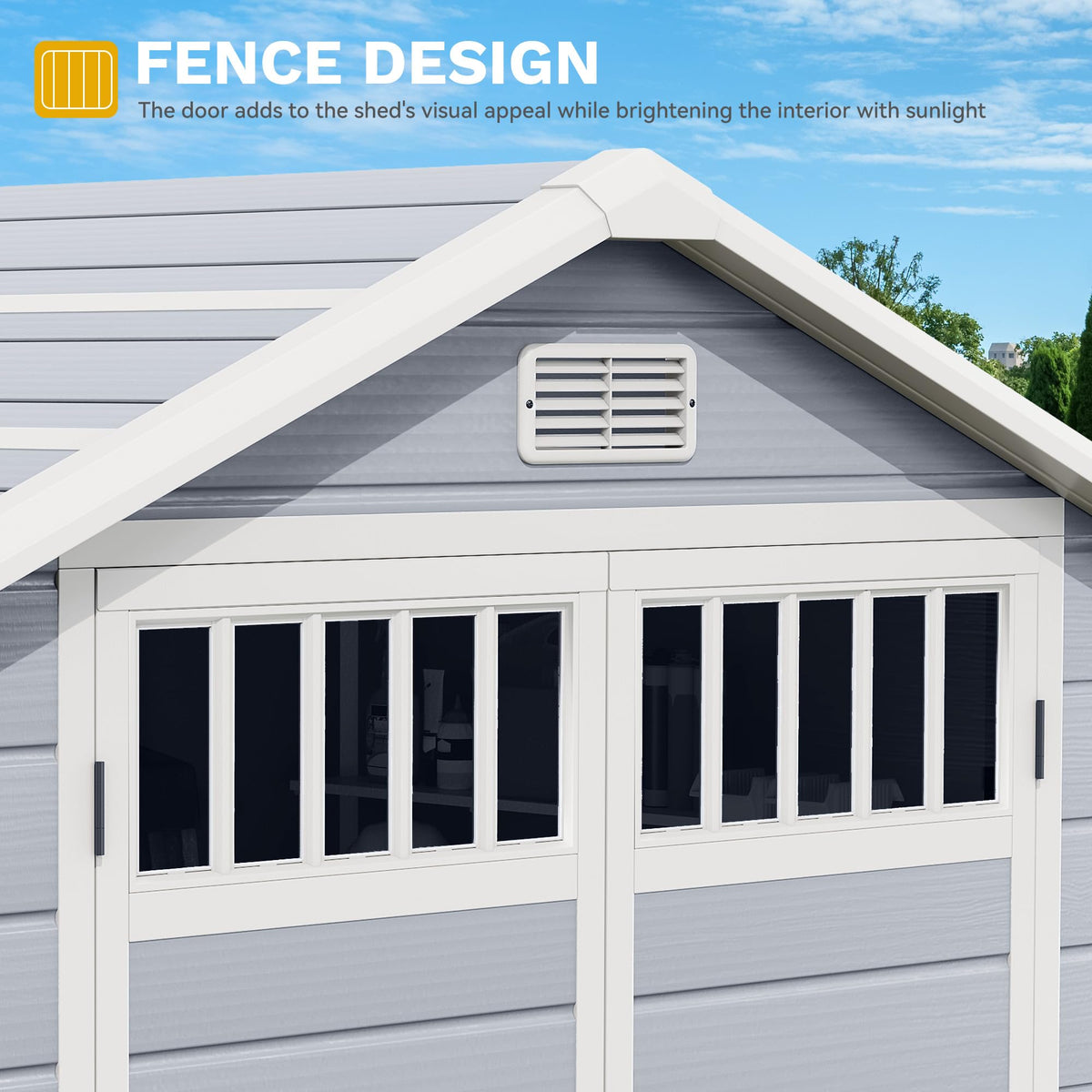 DWVO 6x4.4 FT Resin Storage Shed with Fence-Style and Side Windows, Lockable Door, and Vents for Garden, Backyard, Patio, Lawn, Gray