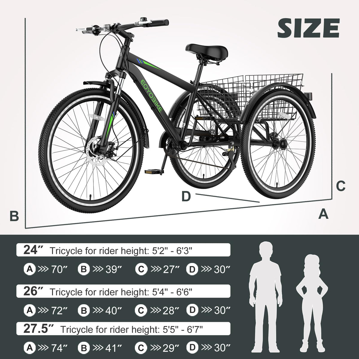 H&ZT Adult Tricycle, 3 Wheeled Bike, Trike Cruiser Bike, with 7-Speed Gear, Parking Brake Handle, Low Step, Large Rear Basket, Elderly Friendly, for Men, Women, and Teens