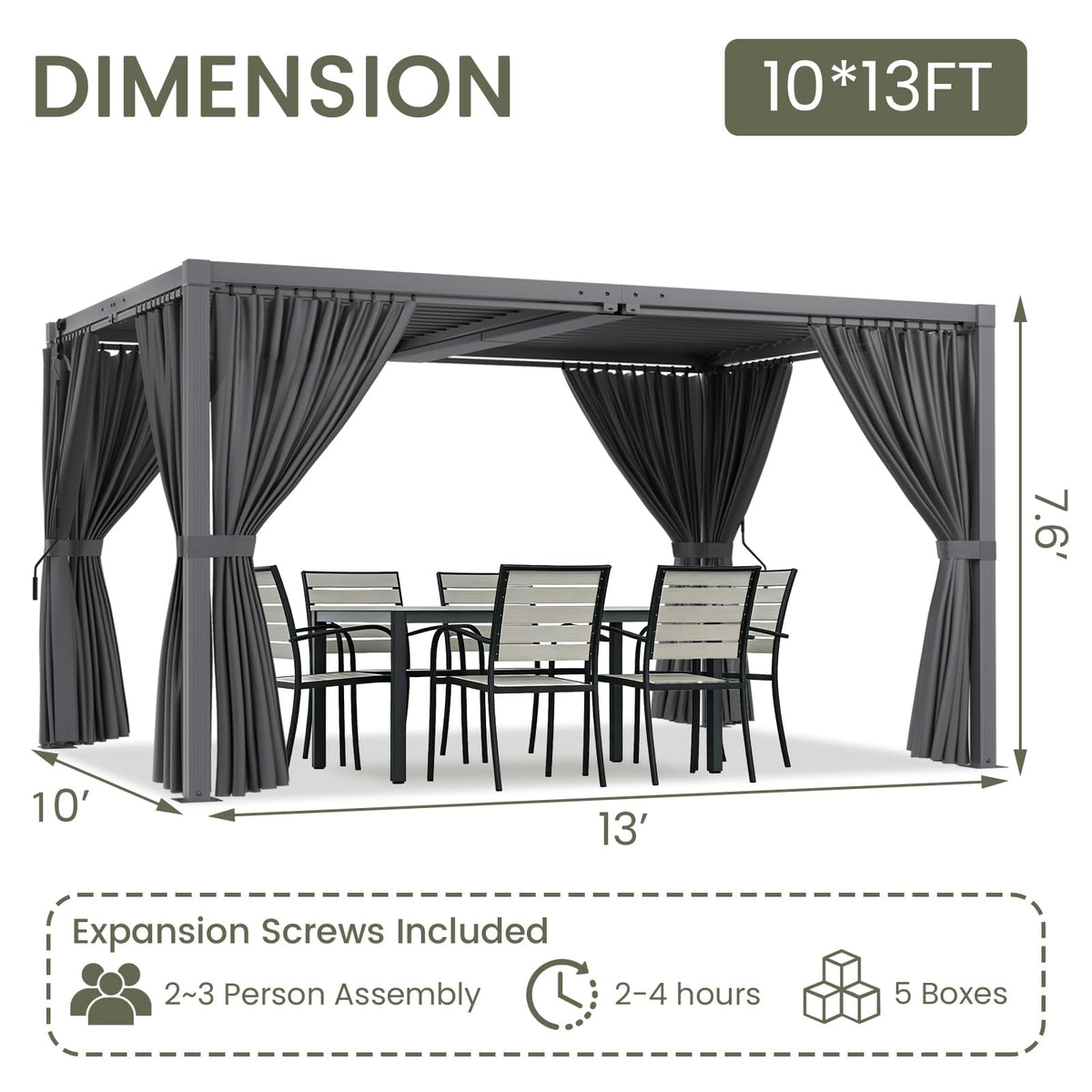 SAILARY Louvered Pergola 10' x 13' with Waterproof Curtains, Outdoor Aluminum Pergola with Reinforced Steel Roof, Heavy-Duty Hardtop Gazebo, Privacy Privacy Shaded Shelter, Grey