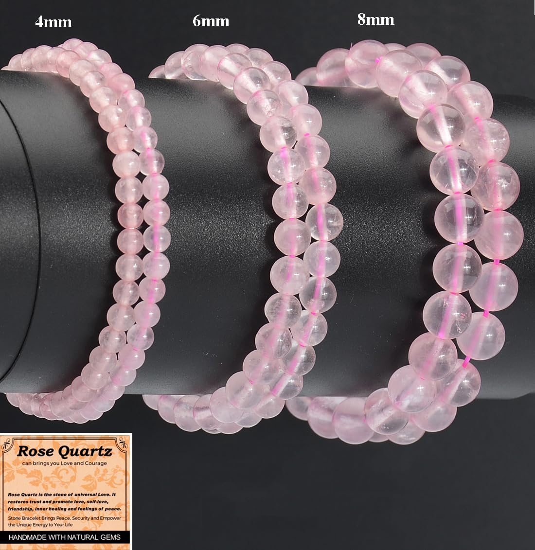 MASSIVE BEADS Rose Quartz - Love and Courage - Handmade Yoga Stretch Elastic Bracelet Natural Stone Crystal Healing Power Energy Gifts for Unisex Adult 4mm