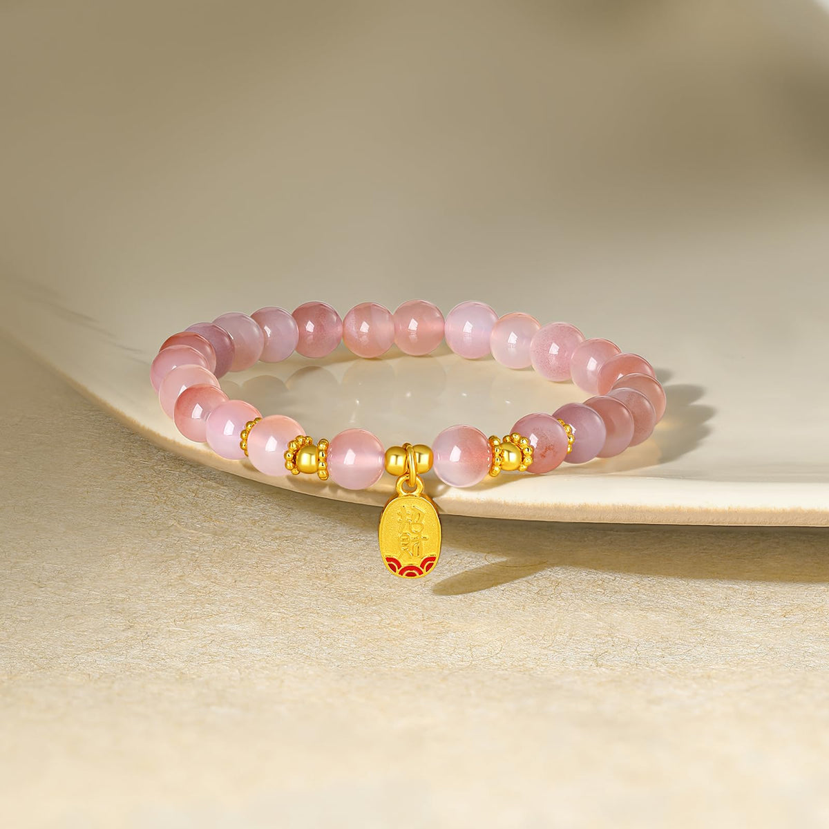 ZHOU LIU FU Sterling Silver Bracelet Silver Pink Agate Beaded Bracelets Fortune Pendant Stretch Bracelet Lucky Jewelry for Women Mom Daughter Birthday 6.7"/17CM J1914587