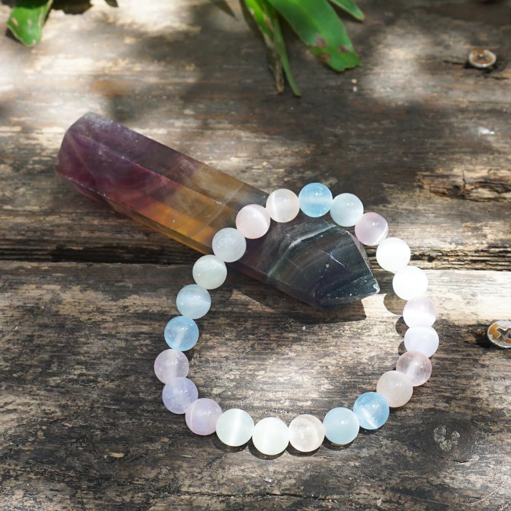 TaHLga 8mm Macaron Selenite Bracelet - Multi-Color Natural Crown Chakra Crystal | Handmade Sweet Color Meditation Bracelet with Cat-Eye Effect | Beading Tool Kit - Adjust to 6.5-7.5 inches Wrist Size
