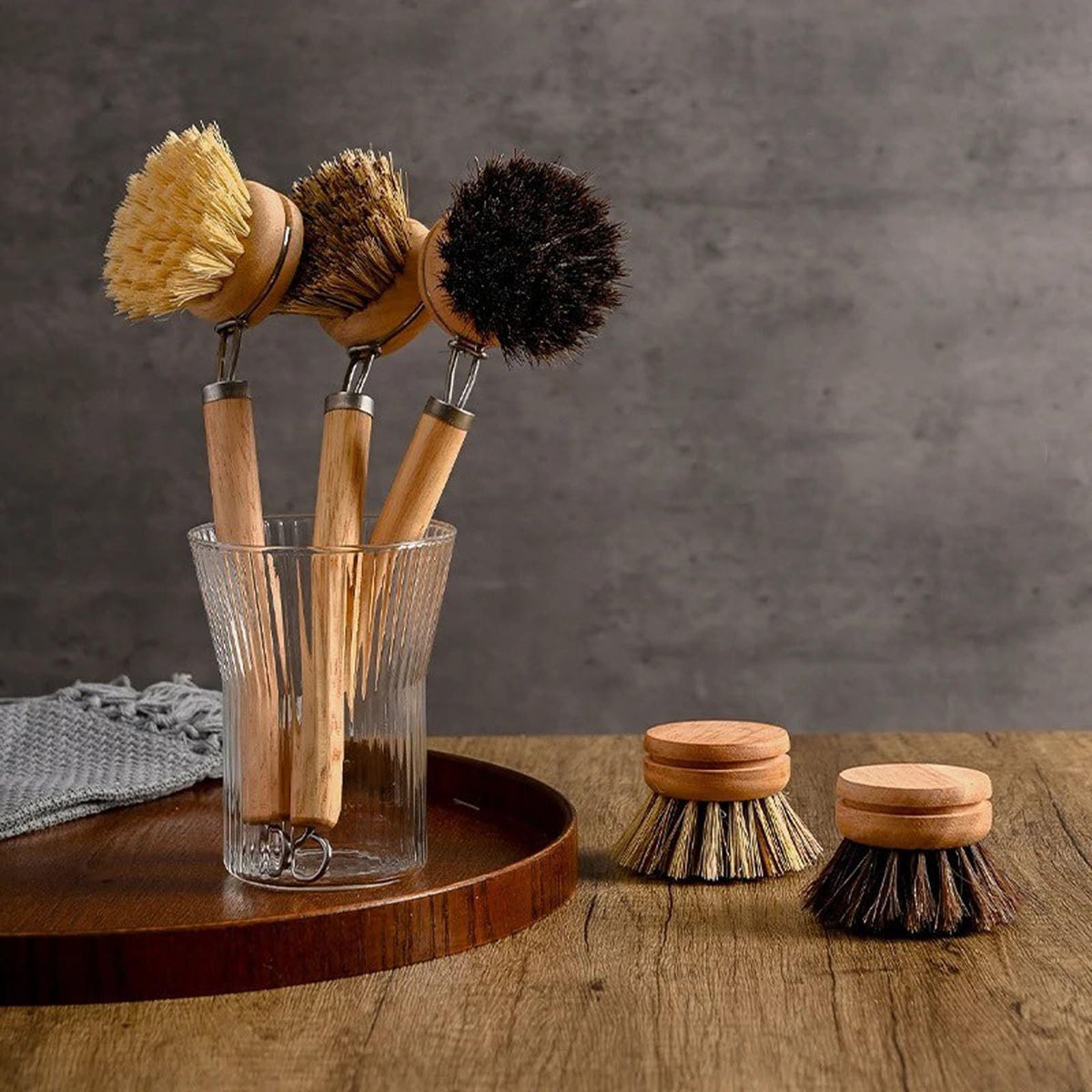 SUPRNN Bamboo Dish Brush with Handle, 1 Sturdy Wooden Handle with 3 Natural Bristle Heads, Horsehair, Sisal, Palm - All Purpose Kitchen Scrubber, Bamboo Wok Brush, Fruit and Veggie Scrubber