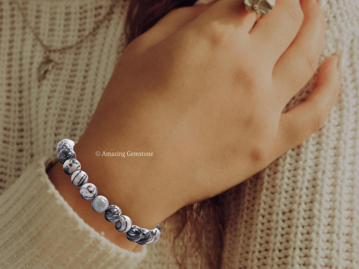 Amazing Gemstone Black Picasso Jasper Bracelet for Women Men's Gifts - Protection Healing Crystal Bracelet - 8mm Gemstone Beaded Stretchable Bracelet Pulseras Para Hombres Mujer Stocking Stuffers Mothers Day Gift