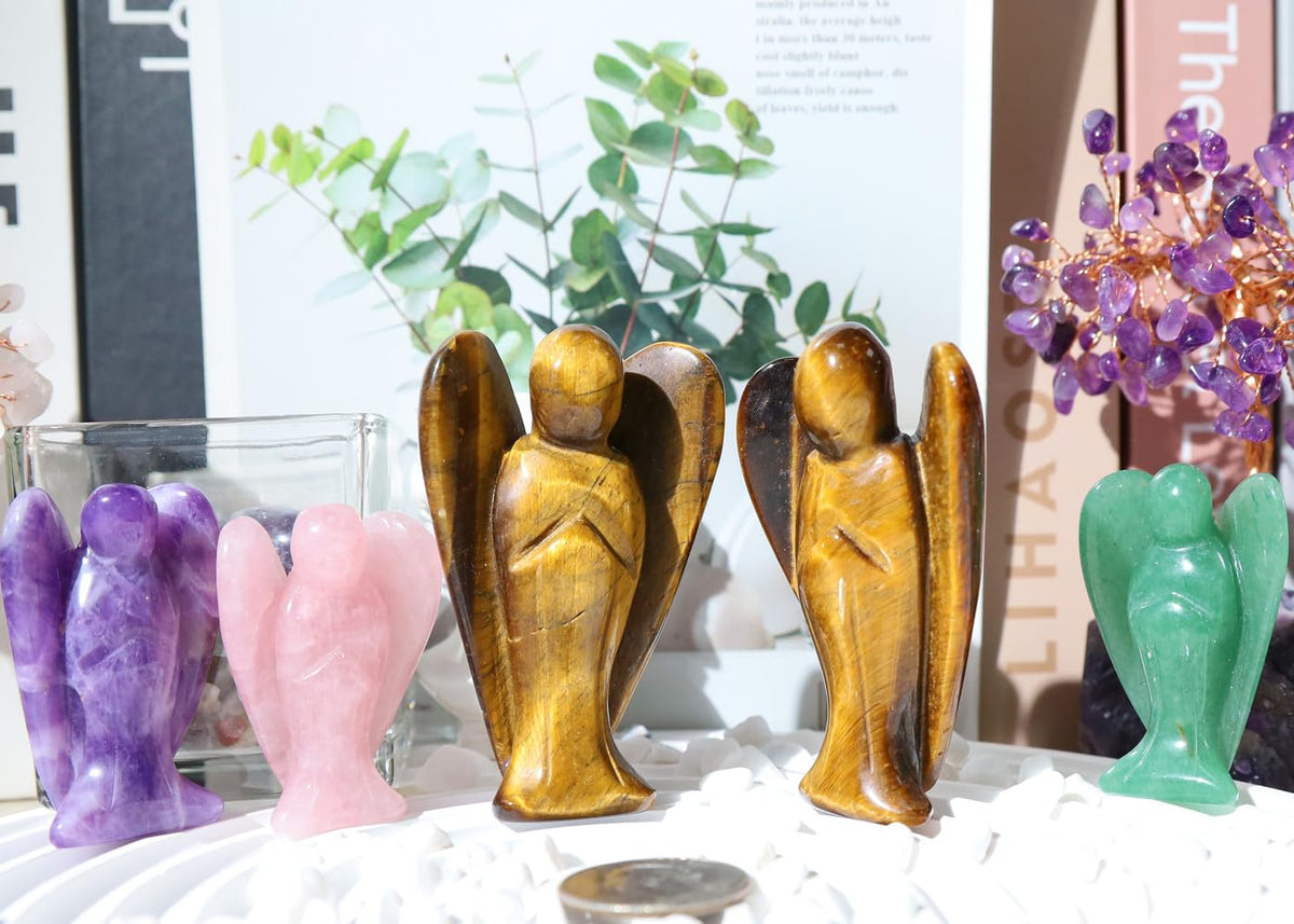 QINJIEJIE 3" Tiger Eye Crystals Angel Decor Healing Guardian Angel Desk Stone Figurine Big Gemstone Statue Home Office Energy Decorations Gifts for Women Men