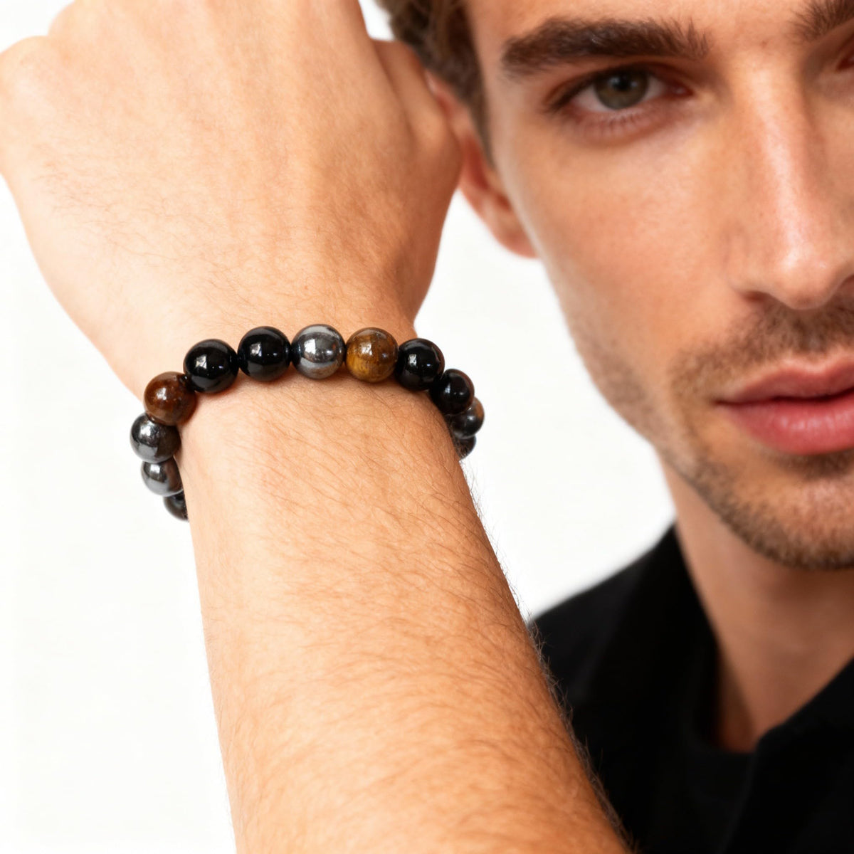 The Vida Handmade AAA+ Quality Crystal Stretch Elastic Bracelet - Nature Gemstone - Jewelry Gift - Holiday Gift - For Women & Men (Tigereye Hermatite BlackOnyx)