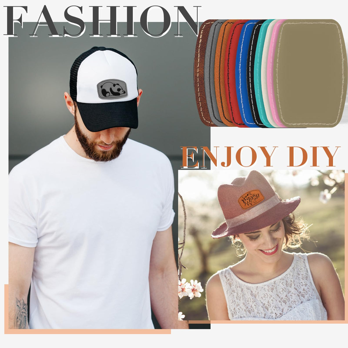 Dunzy 60 Pcs Blank Leatherette Hat Patches with Adhesive Rustic Rounded Rectangle Patch Faux Leather Patches for Hats Costumes Fabric Repair Sew Laser Supplies(Colorful,2x3inch)
