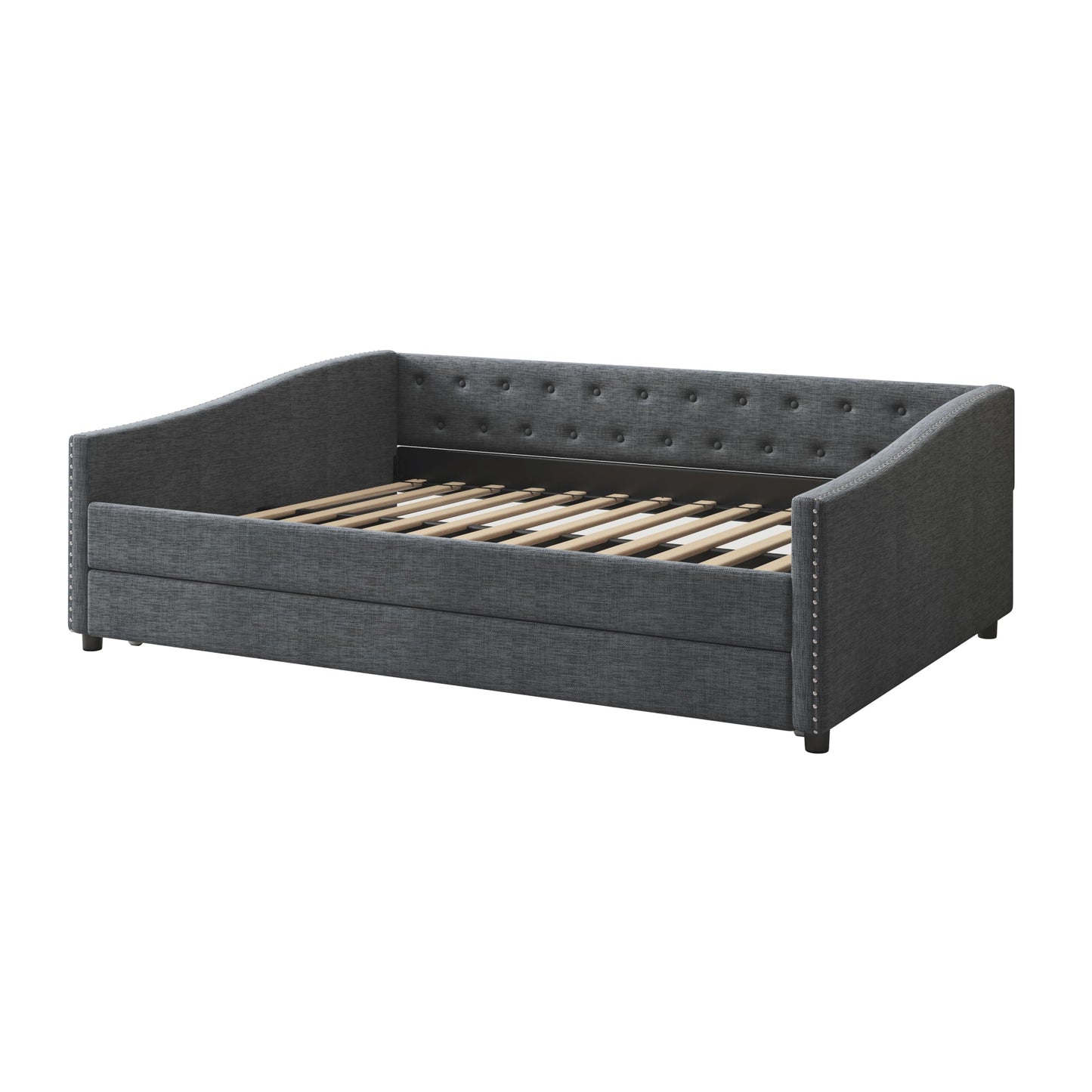 FAVSH Upholstered Daybed with Trundle, Full Size Day Bed w/Button-Tufted Back and Piping on Waved-Shape Arms for Bedroom or Guest Room, No Box Spring Required, Dark Gray
