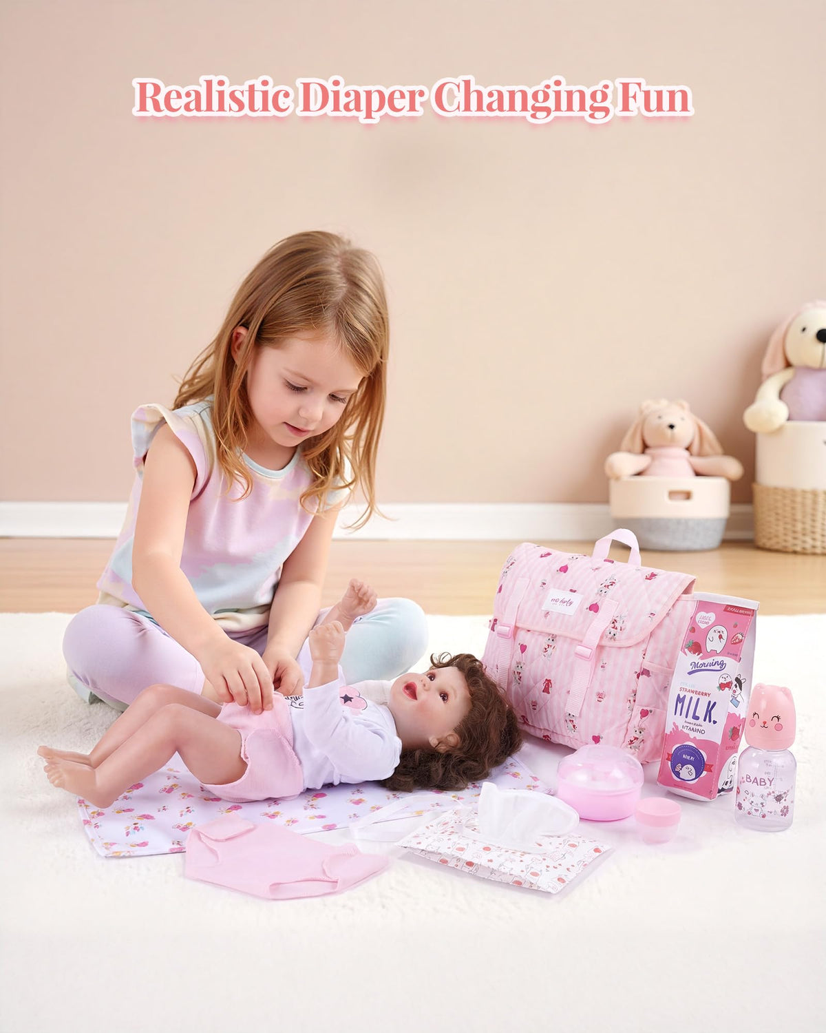 BABESIDE 9 Pcs Reborn Baby Doll Accessories for 17-22 Inch Reborn Dolls, Diaper Bag Set with 2 Diapers, Changing Pad, Bottle, Tissue and Care Set, Great for Children's Pretend Play, Doll Not Included