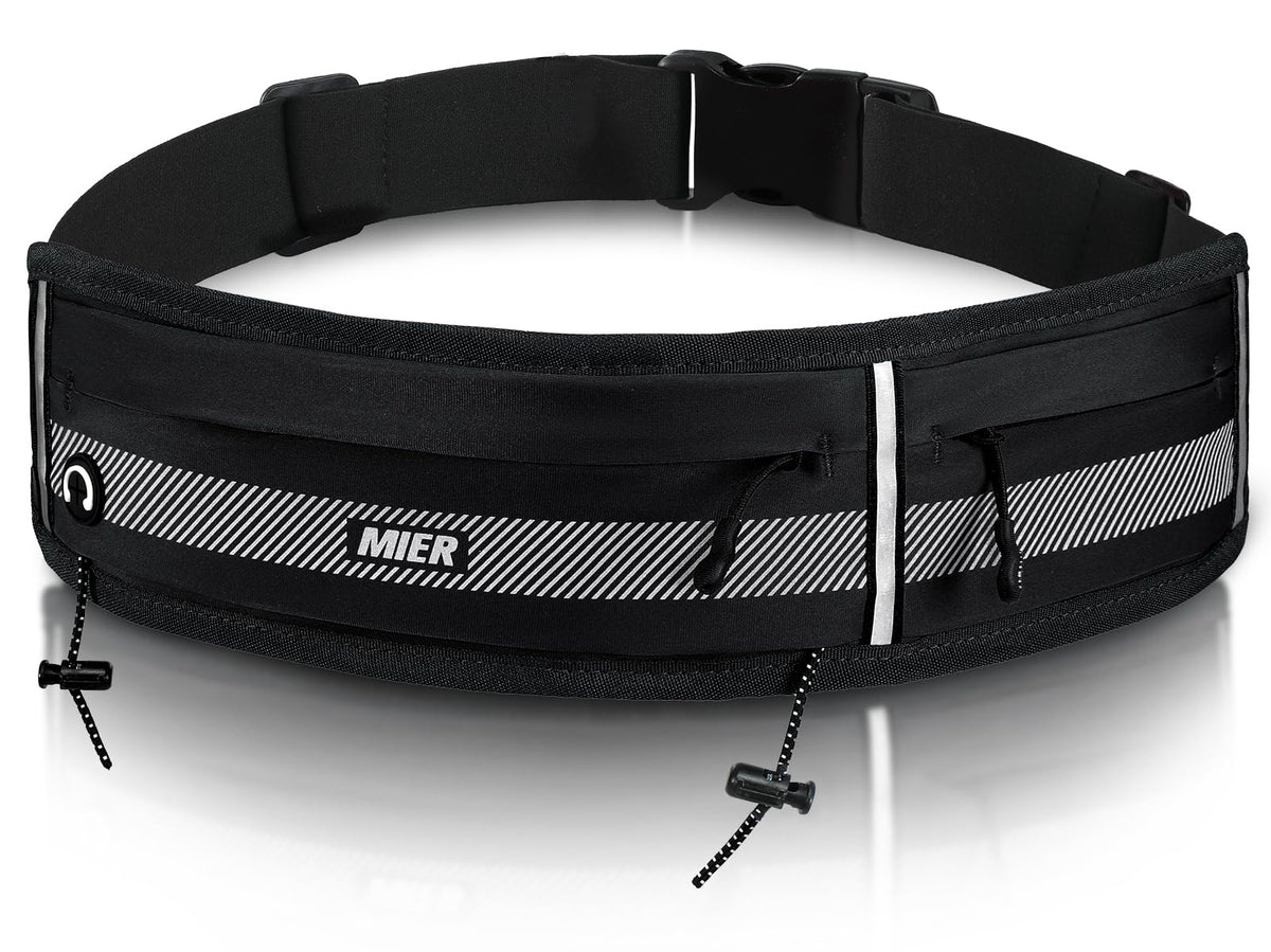 MIER Running Belt for Men Women Slim Fanny Pack Phone Holder Jogging Pouch with Marathon Bib Clip Runner Waist Pack for Walking Cycling for Keys, Cards & Essentials (Black)