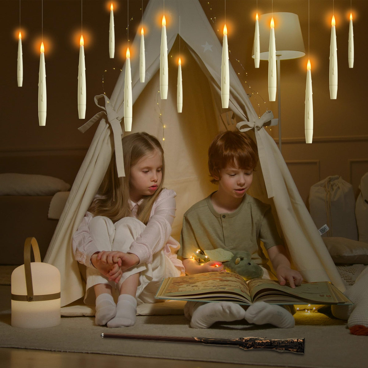 AFINETH Flameless Floating Candles with Wand, Magic Hanging LED Candles, Ivory Battery Operated Electric Taper Candles for Halloween, Christmas, Birthday Parties, 12 PCS