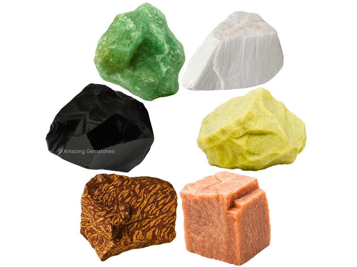 Amazing Gemstone Crystals for Breaking Attachments Manifestation, Set of 6 Green Aventurine, Black Obsidian, Scolecite, Peach Moonstone, Mariyam Jasper and Serpentine Healing Crystals and Stones
