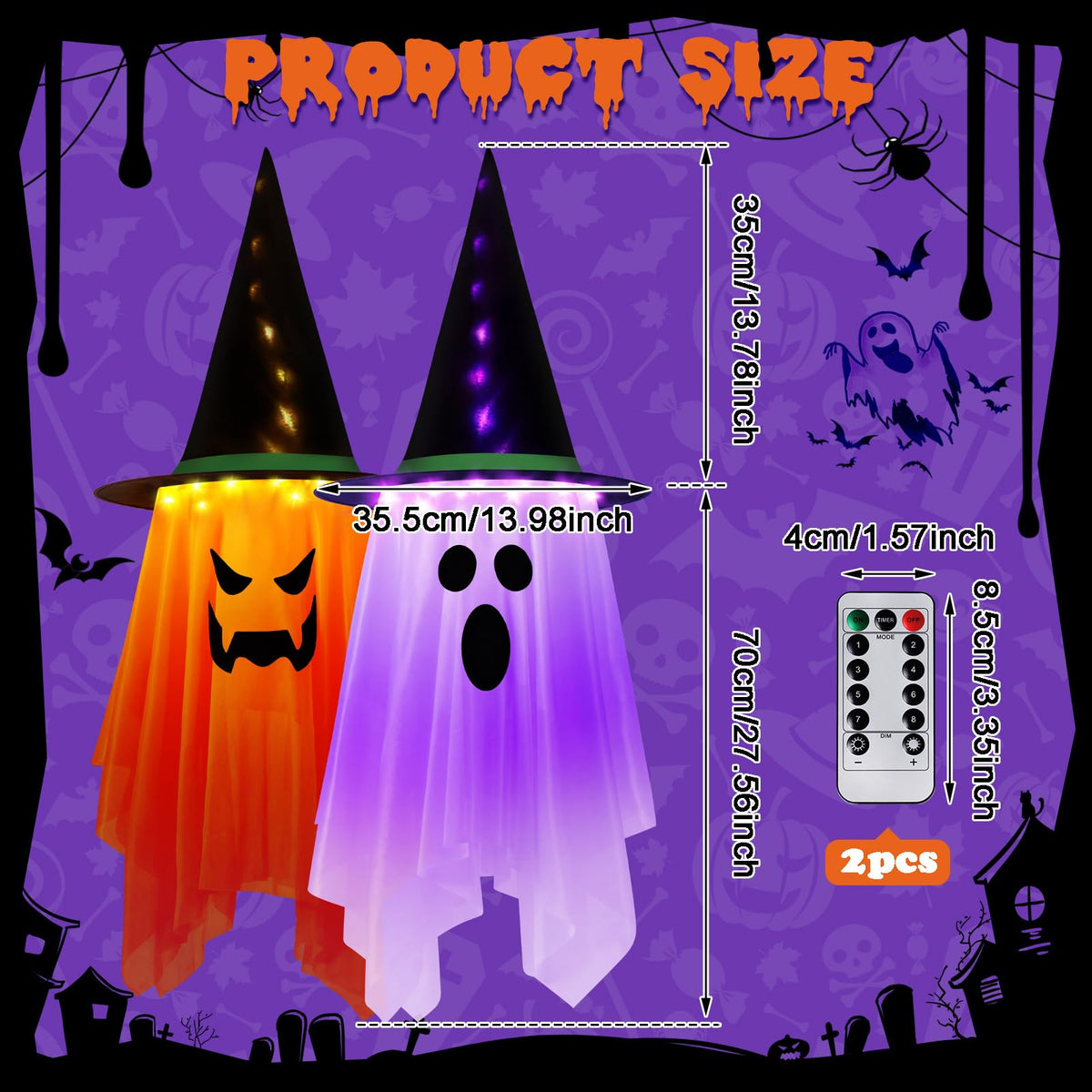 2PCS Halloween Decorations, 41" x 14" Large Size Hanging Lighted Glowing Ghost Witch Hat Lights Ornaments with Remote Control